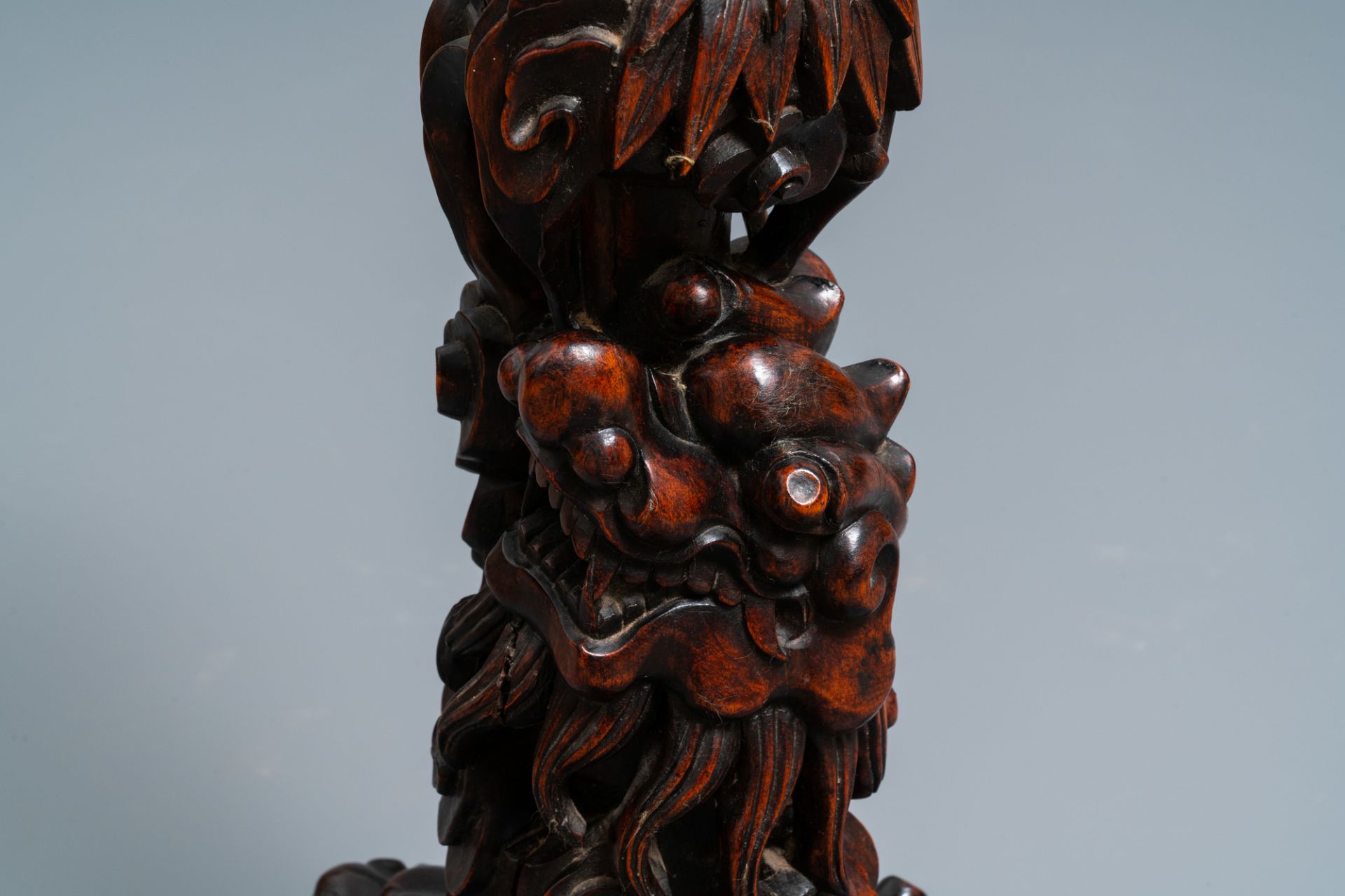 A Chinese carved wooden side table with marble chessboard top, 19th C. - Image 9 of 17