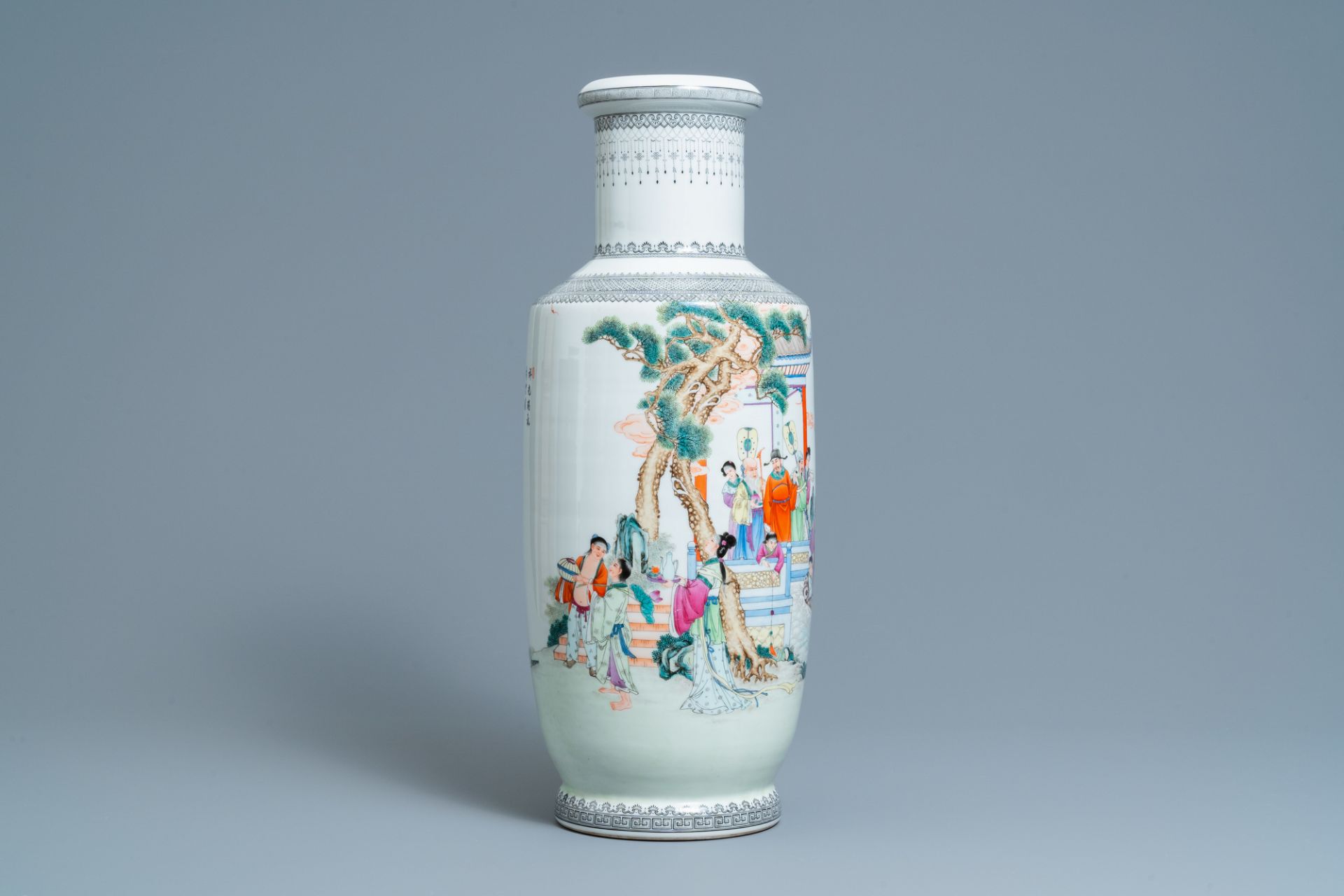 A Chinese famille rose rouleau vase with figures in a garden, Republic - Image 2 of 6