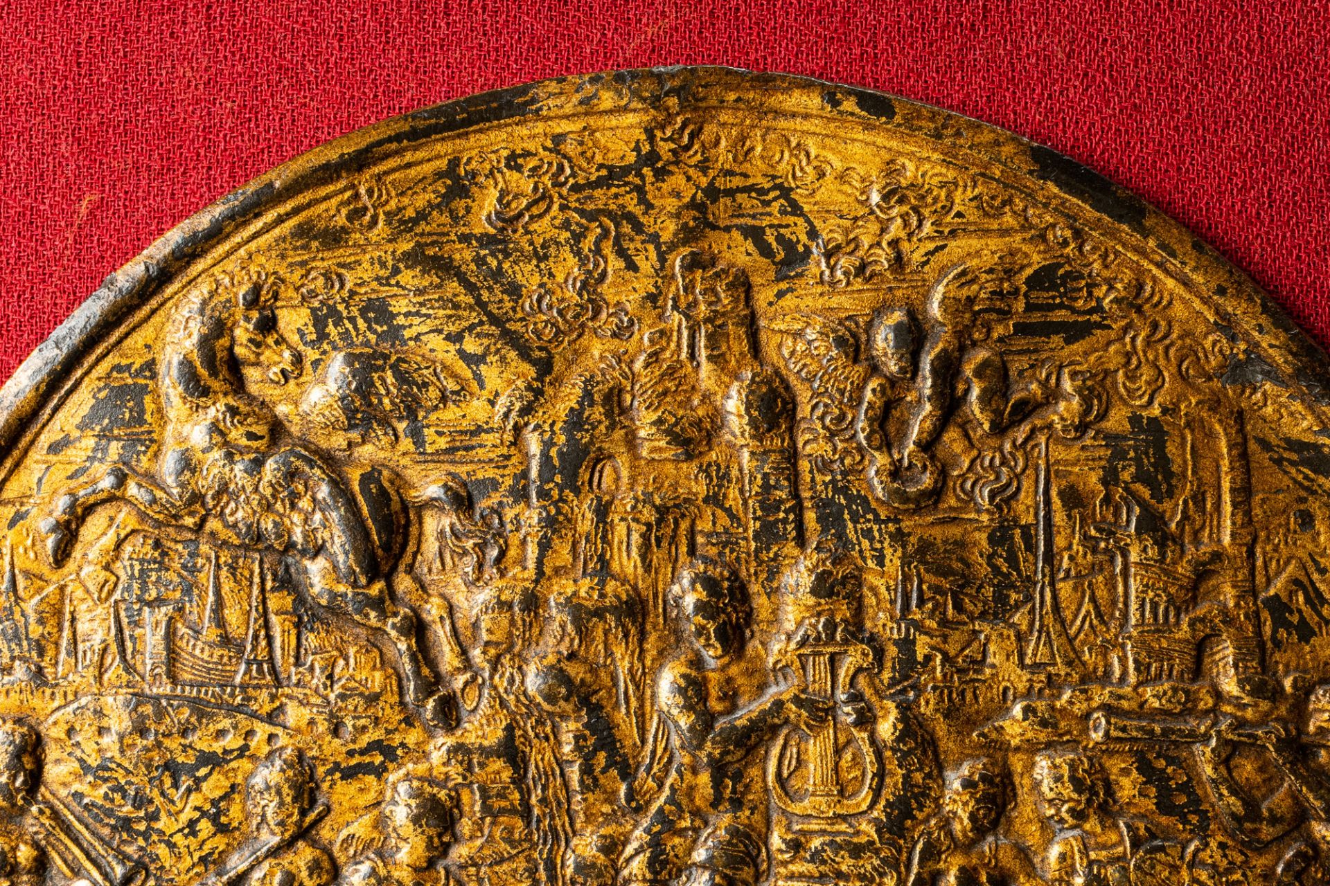 A gilded bronze 'Apollo on mount Parnassus' plaque and a bronze mortar, Flanders, 16th C. - Image 4 of 15