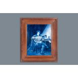 A large Dutch Delft blue and white Porceleyne Fles plaque: 'Self-portrait as a lute player', after J