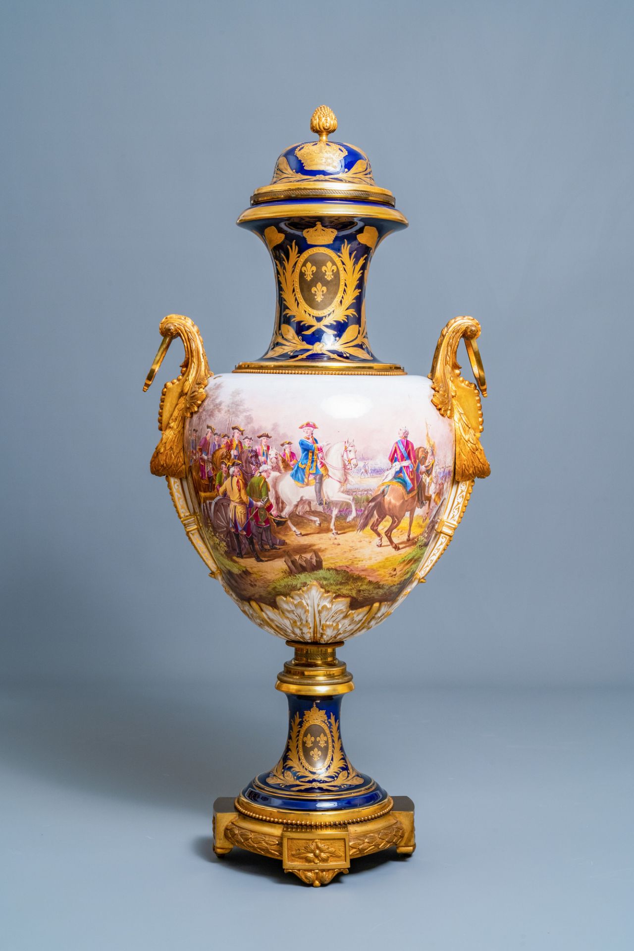 A pair of massive French Svres-style vases with gilded bronze mounts, signed Desprez, 19th C. - Image 3 of 56