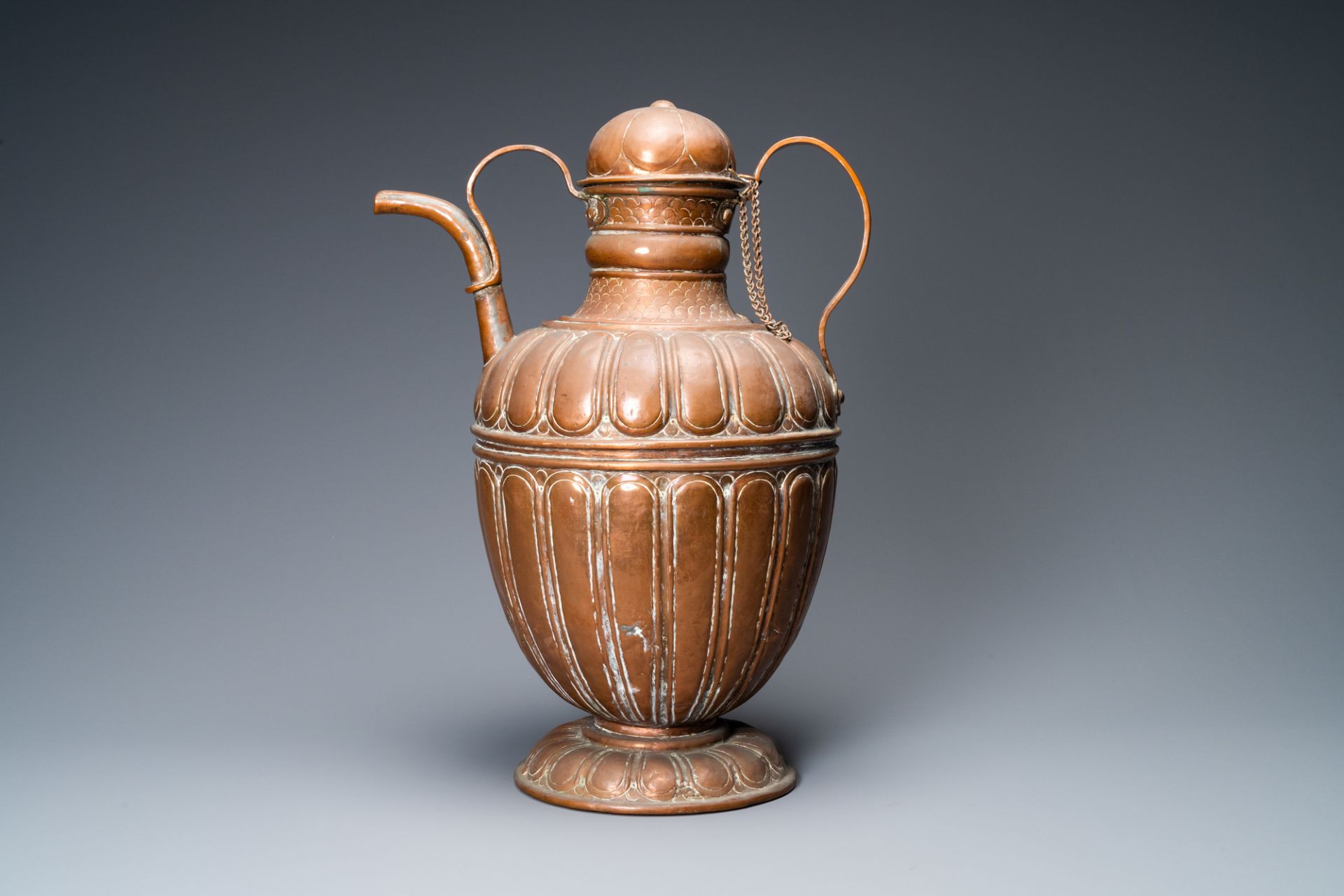 A large Italian copper ewer and cover, 17th C. - Image 2 of 8