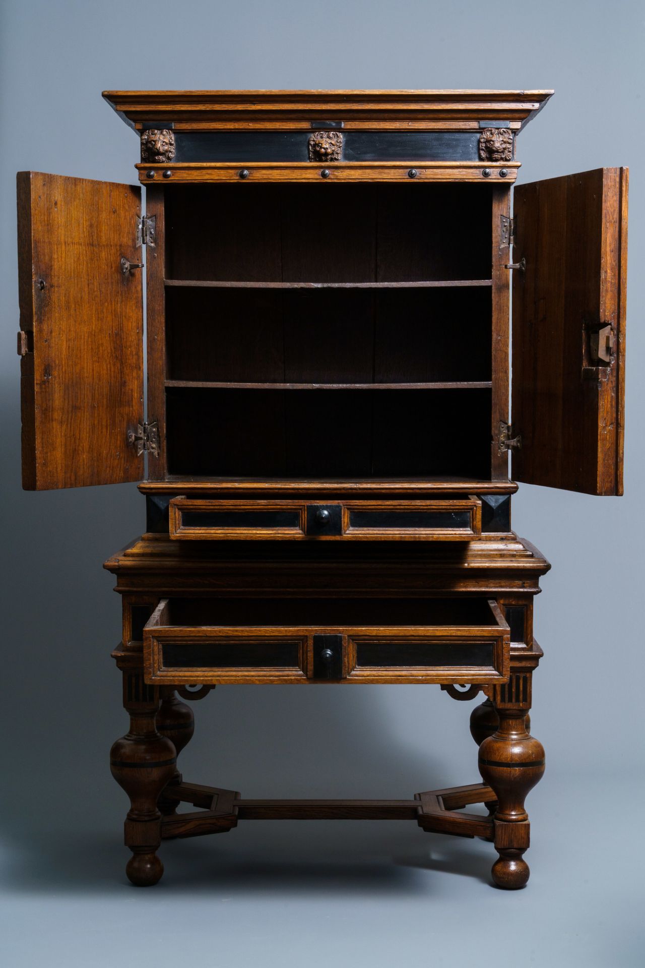 An oak and ebony two-door cabinet, The Low Countries, 17th C. - Image 6 of 8