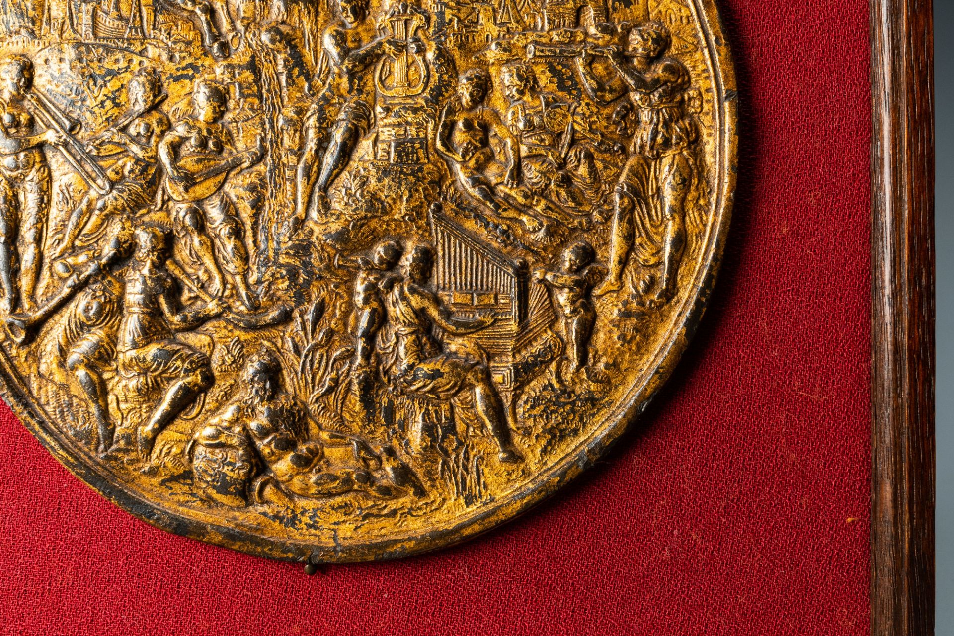 A gilded bronze 'Apollo on mount Parnassus' plaque and a bronze mortar, Flanders, 16th C. - Image 8 of 15