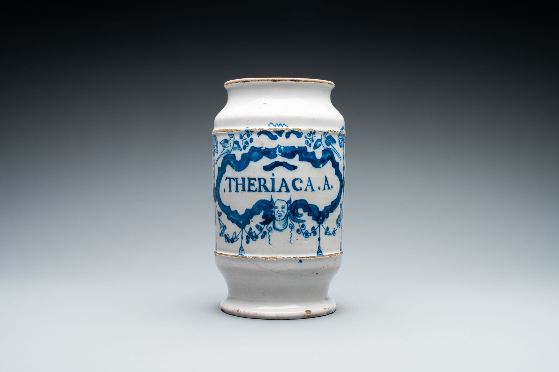 A blue and white Brussels faience albarello type drug jar, 18th C.