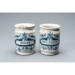 A pair of Dutch Delft blue and white albarello type drug jars, 18th C.