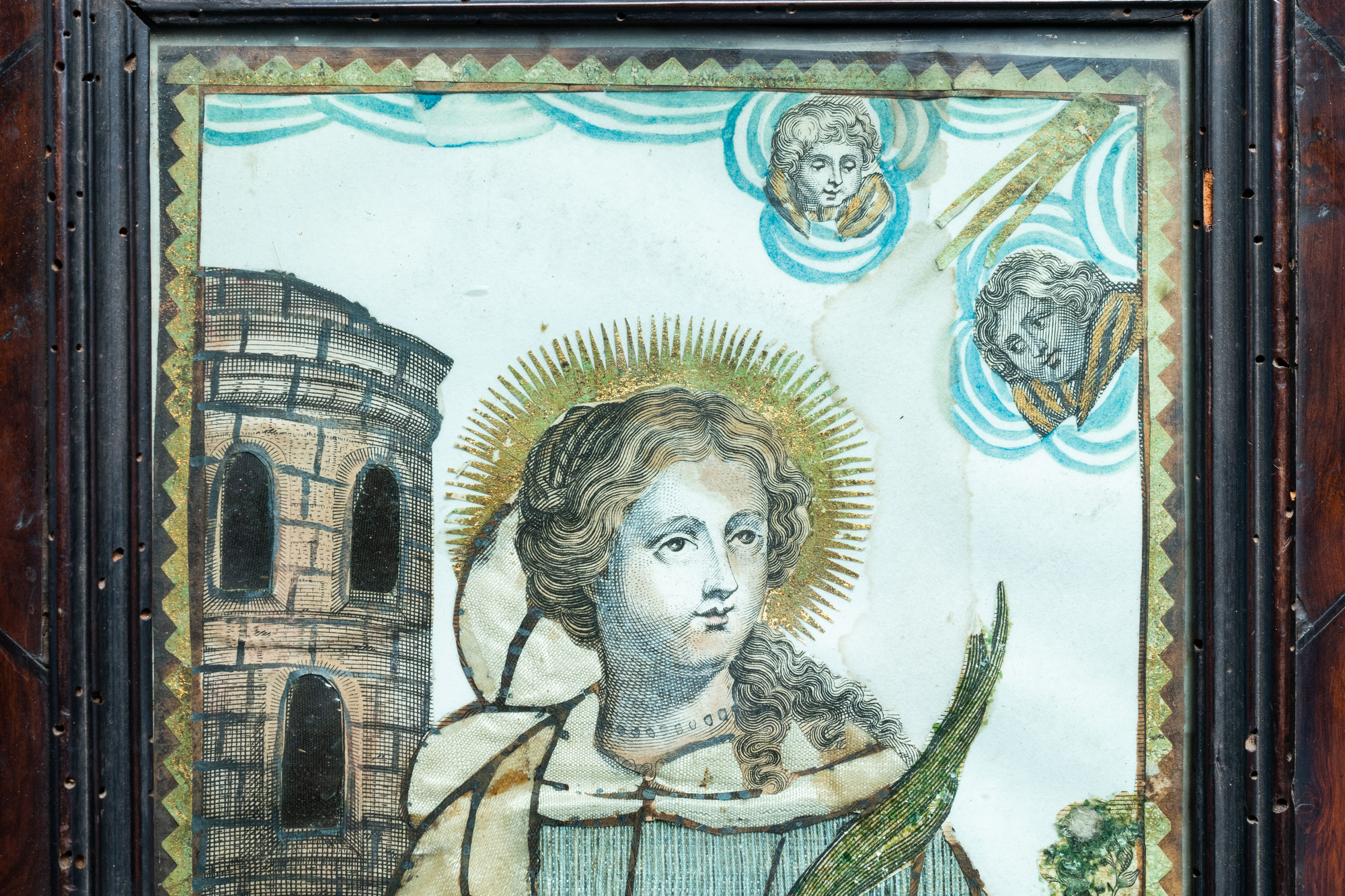 A Saint Barbara engraving heightened with gilding, polychromy and silver thread, 17th C. - Image 3 of 4