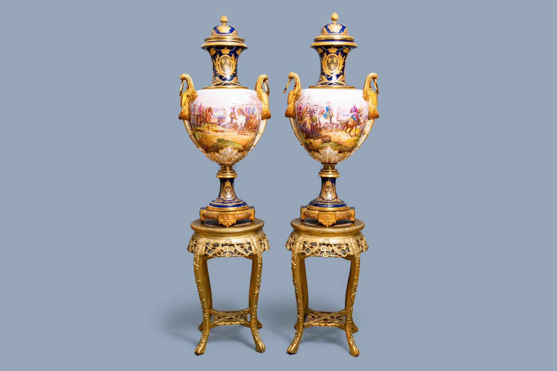 A pair of massive French Svres-style vases with gilded bronze mounts, signed Desprez, 19th C.