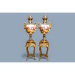 A pair of massive French Svres-style vases with gilded bronze mounts, signed Desprez, 19th C.