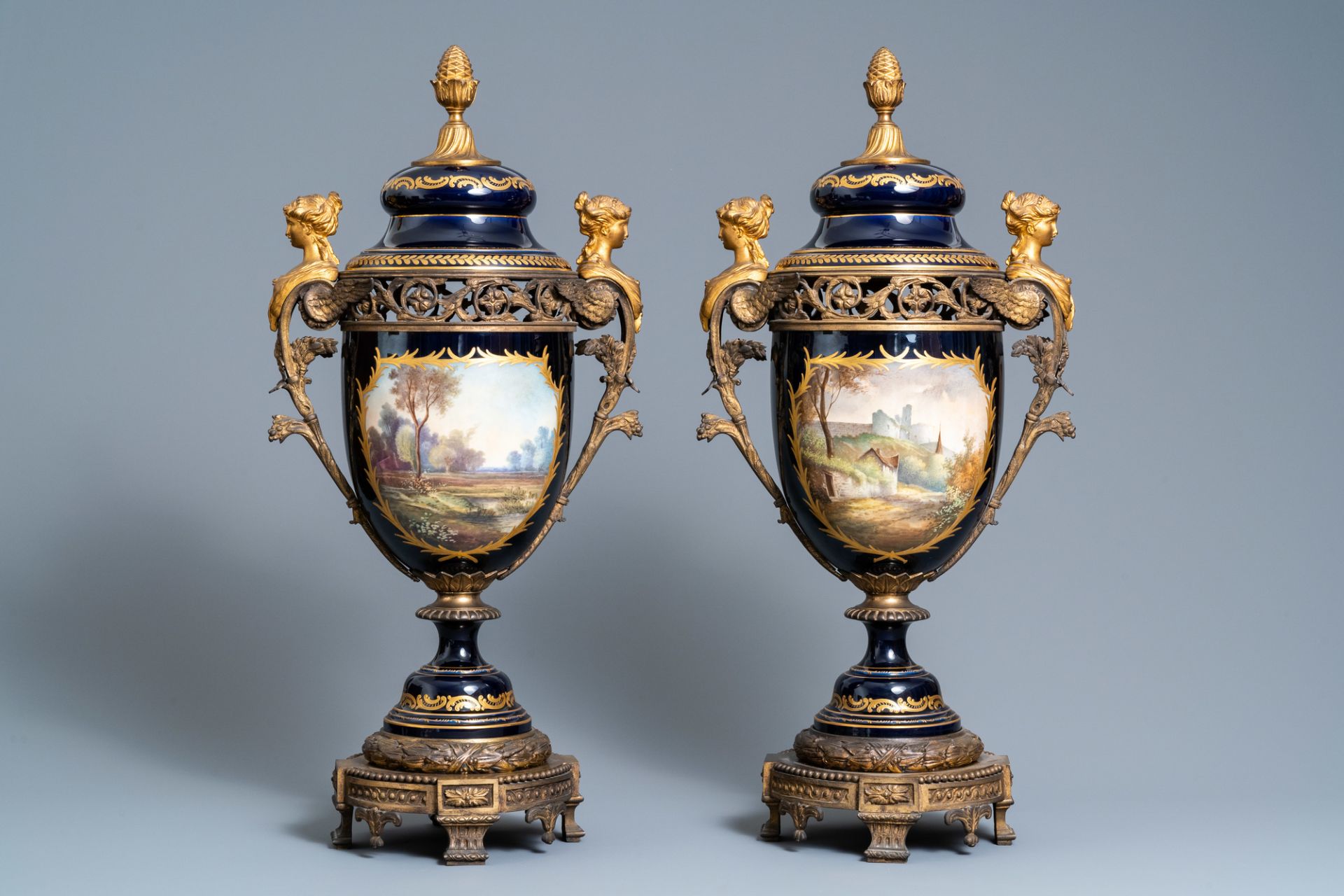 A pair of large French Svres-style vases with gilded bronze mounts, signed Le Berre, 19th C. - Image 3 of 8