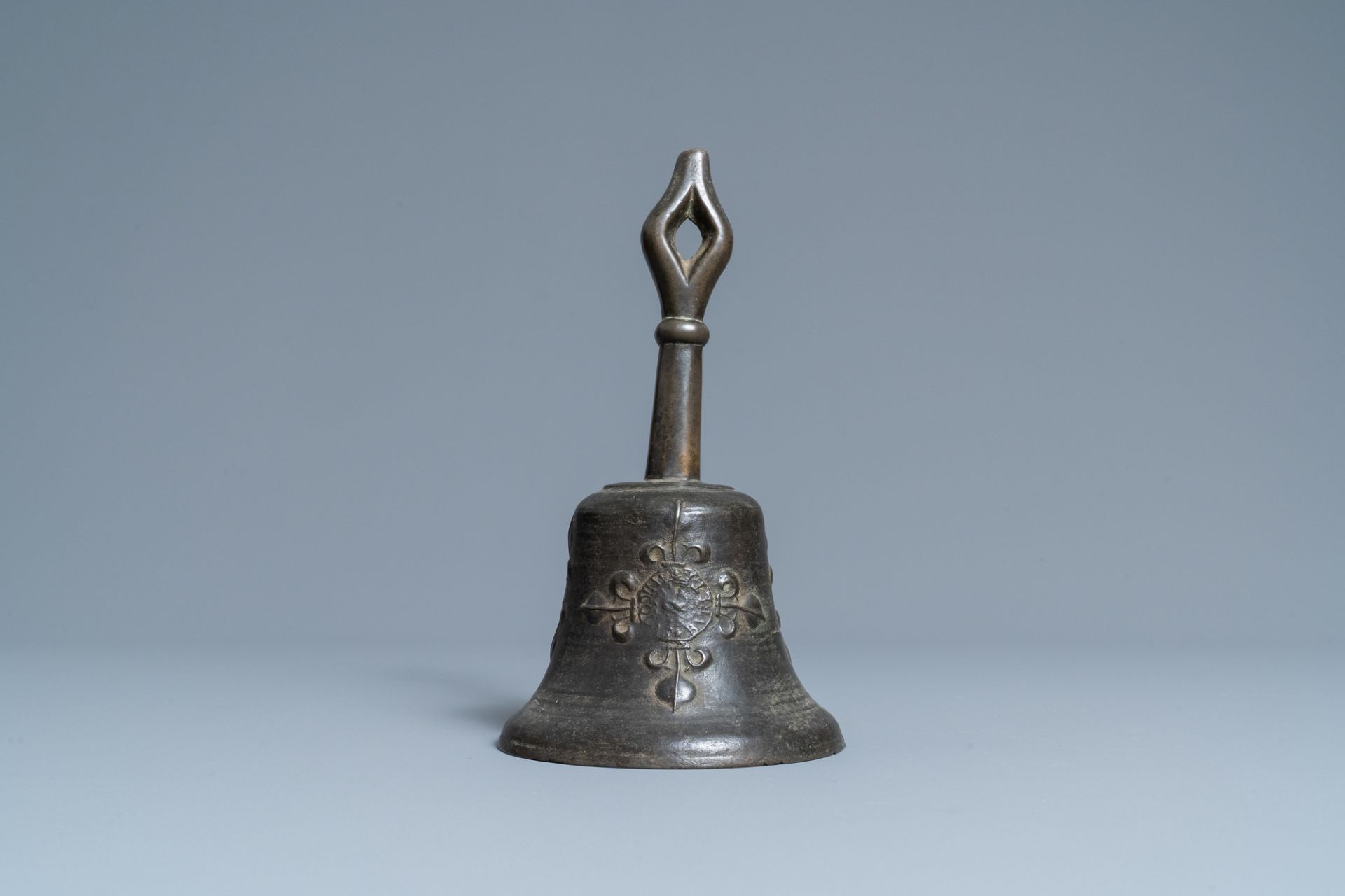 A bronze bell with applied fleur-de-lis and an IHS medallion, France, 16th C. - Image 2 of 7