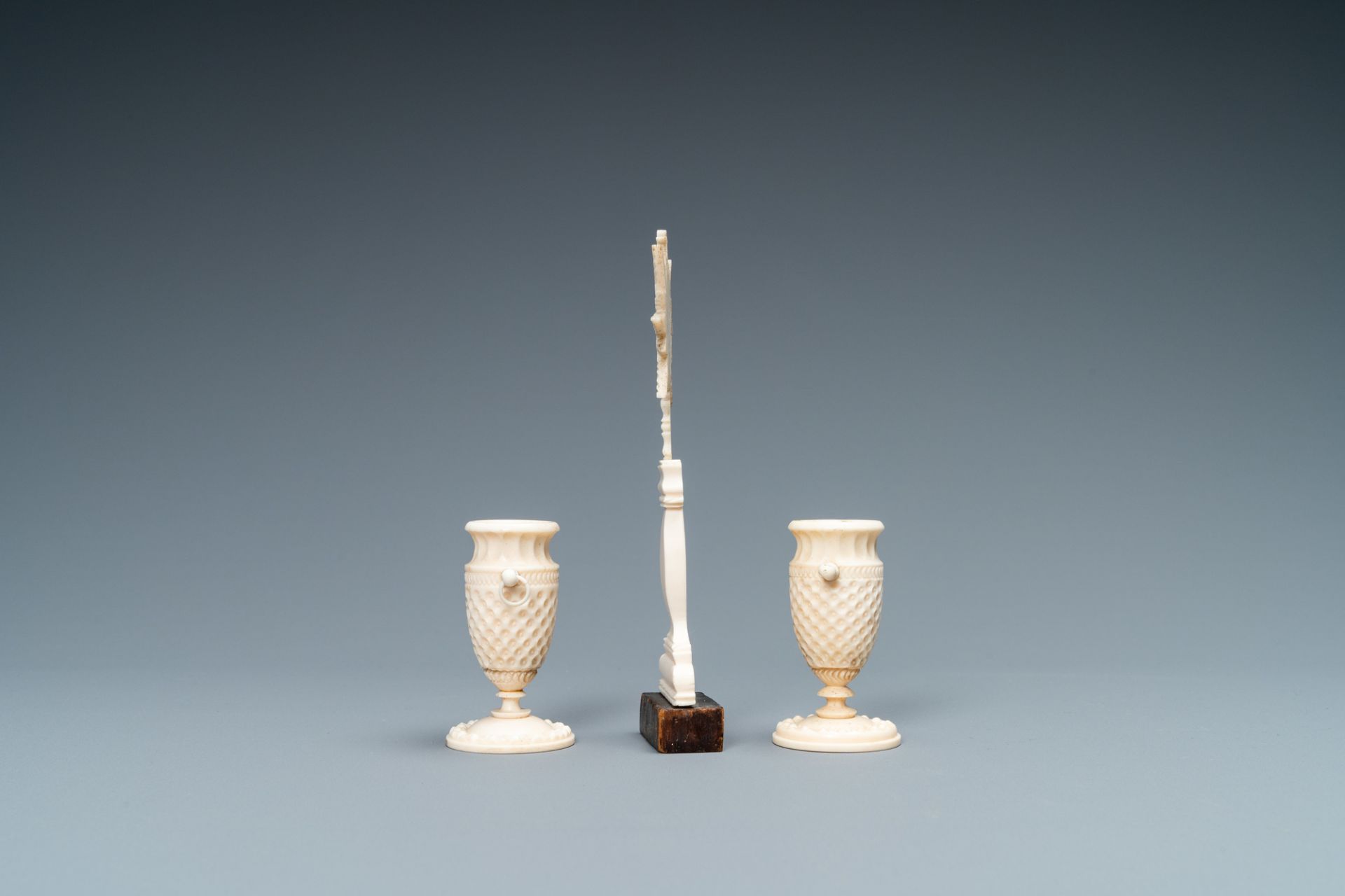 A small ivory crucifix monstrance and a pair of small bone candlesticks, Dieppe, France, 19th C. - Image 2 of 6