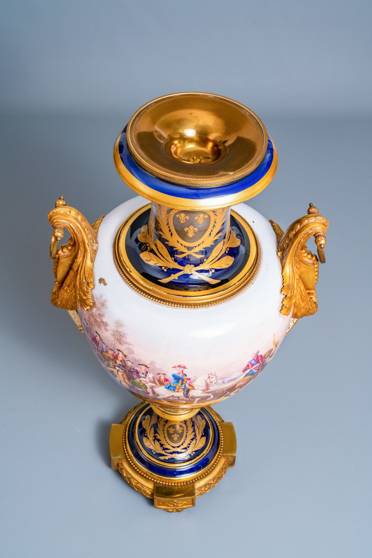 A pair of massive French Svres-style vases with gilded bronze mounts, signed Desprez, 19th C. - Image 12 of 56