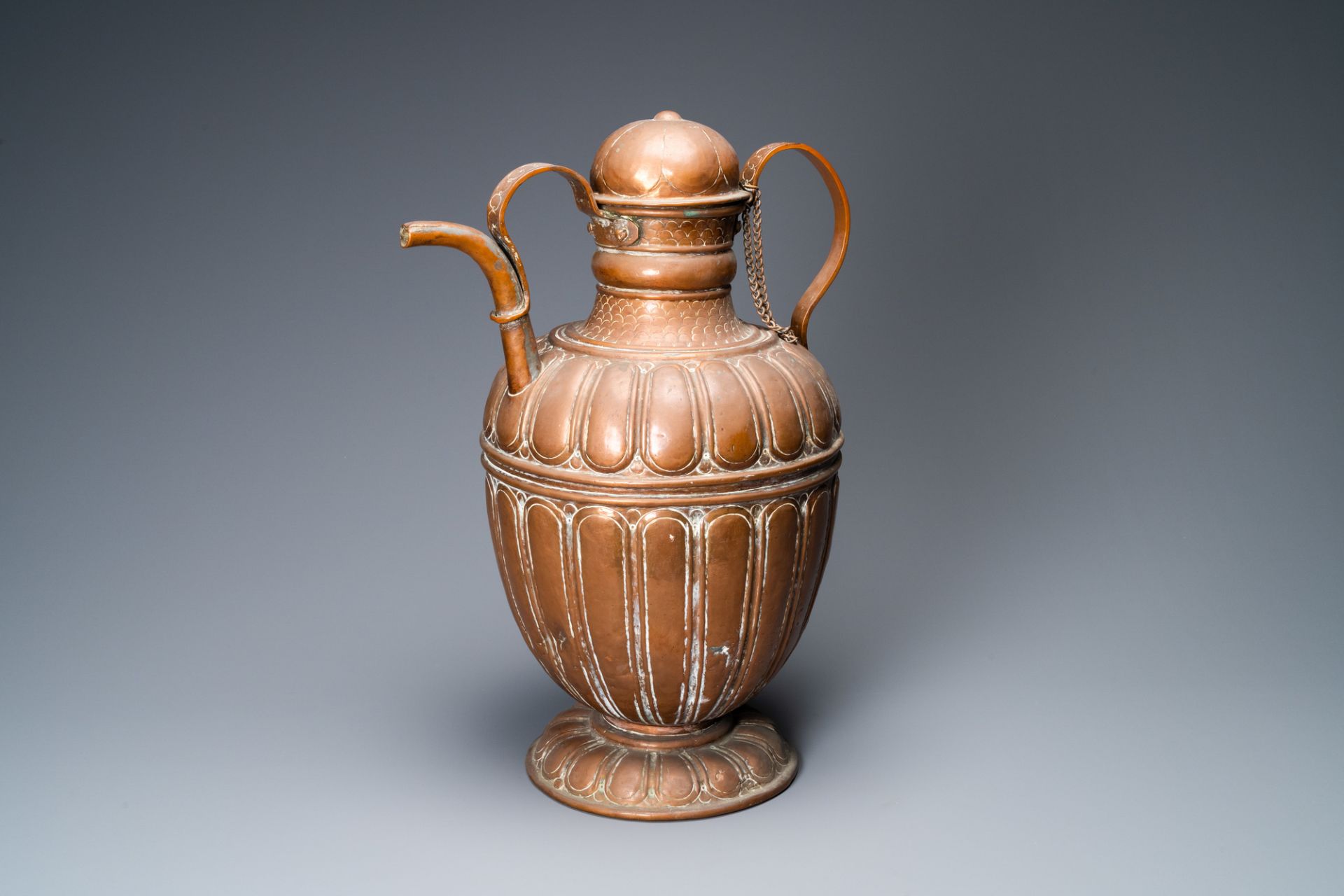 A large Italian copper ewer and cover, 17th C.