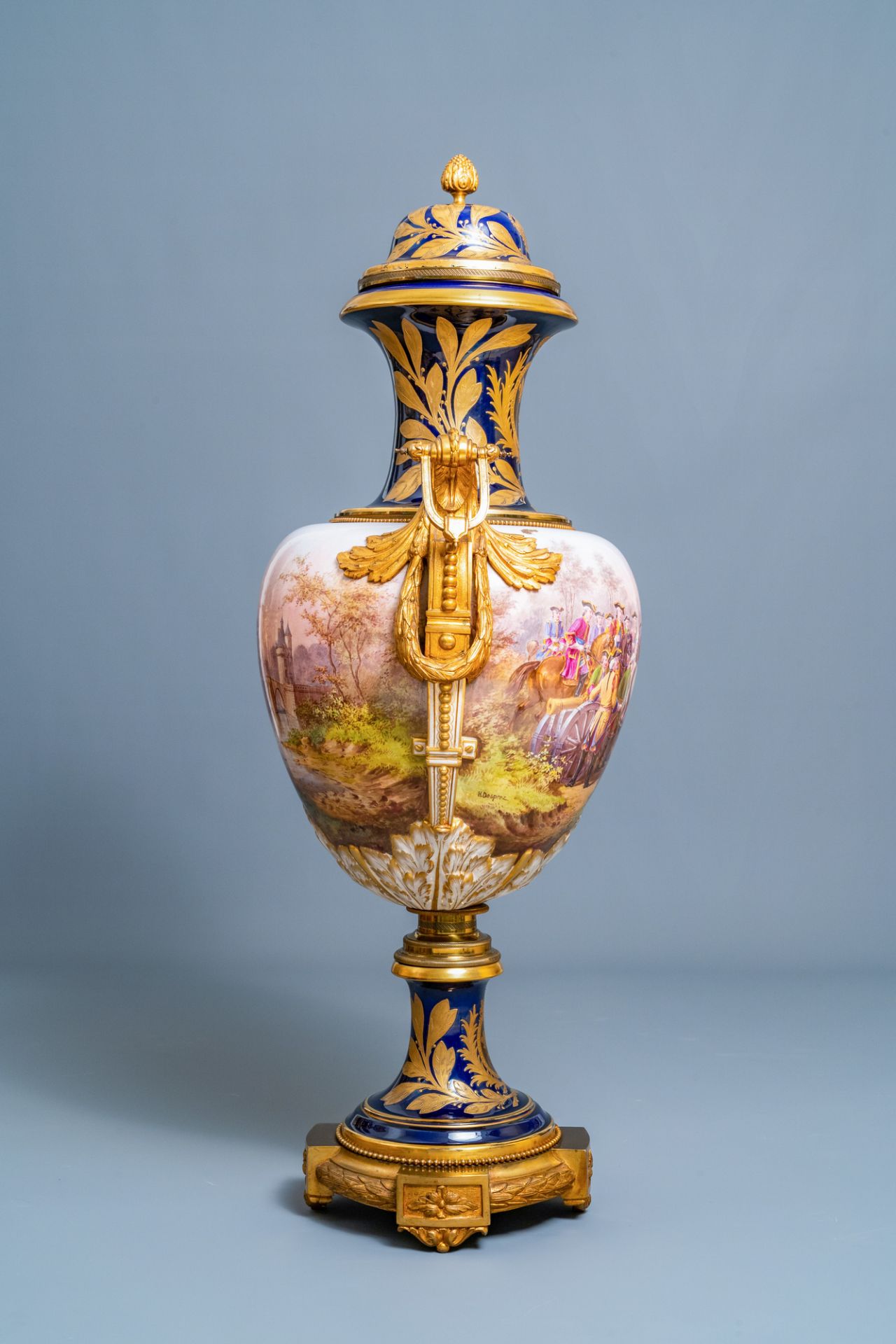 A pair of massive French Svres-style vases with gilded bronze mounts, signed Desprez, 19th C. - Image 4 of 56