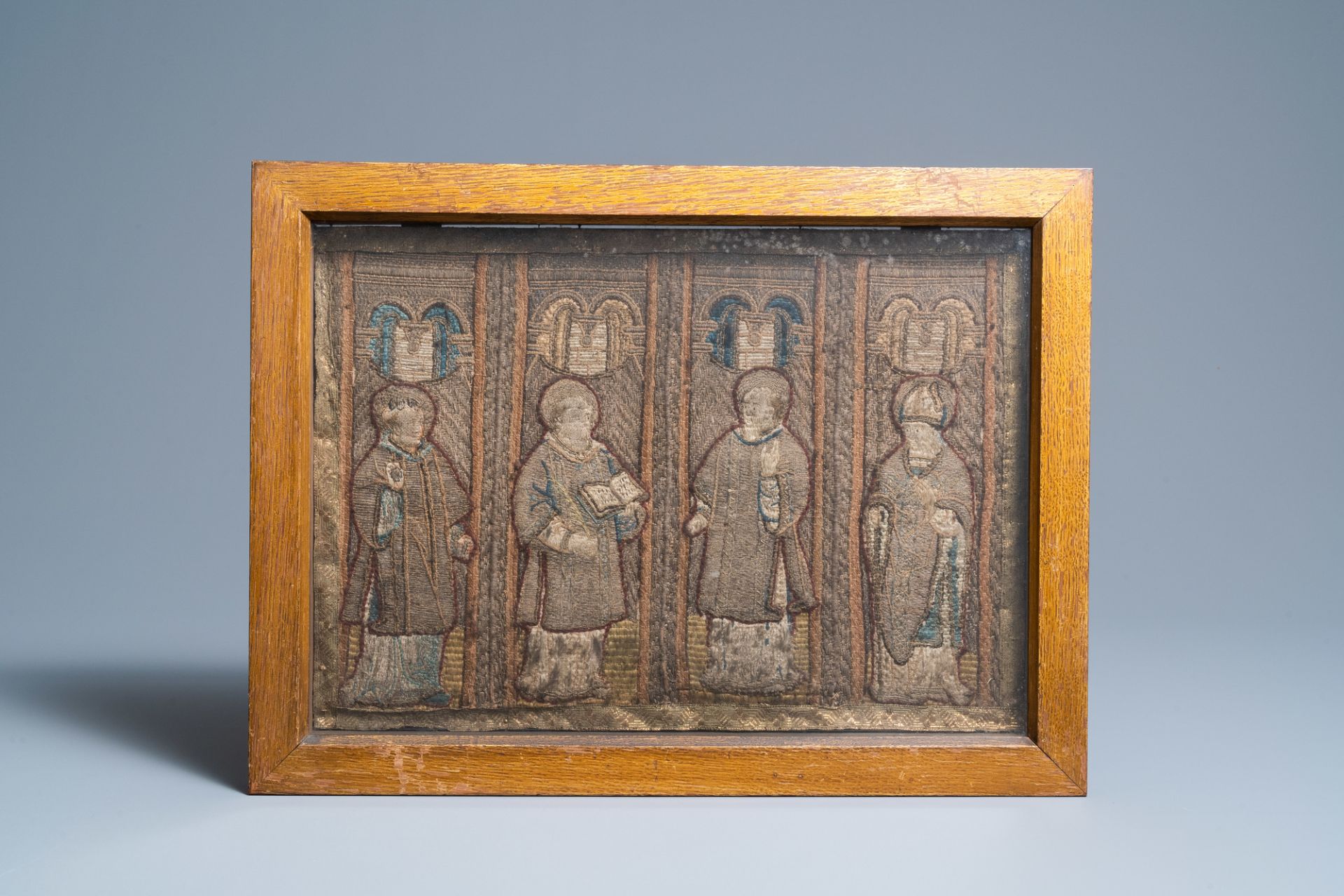 Two large linen, silk- and silverthread orphrey fragments depicting saints below arcatures, Spain, e - Image 2 of 9