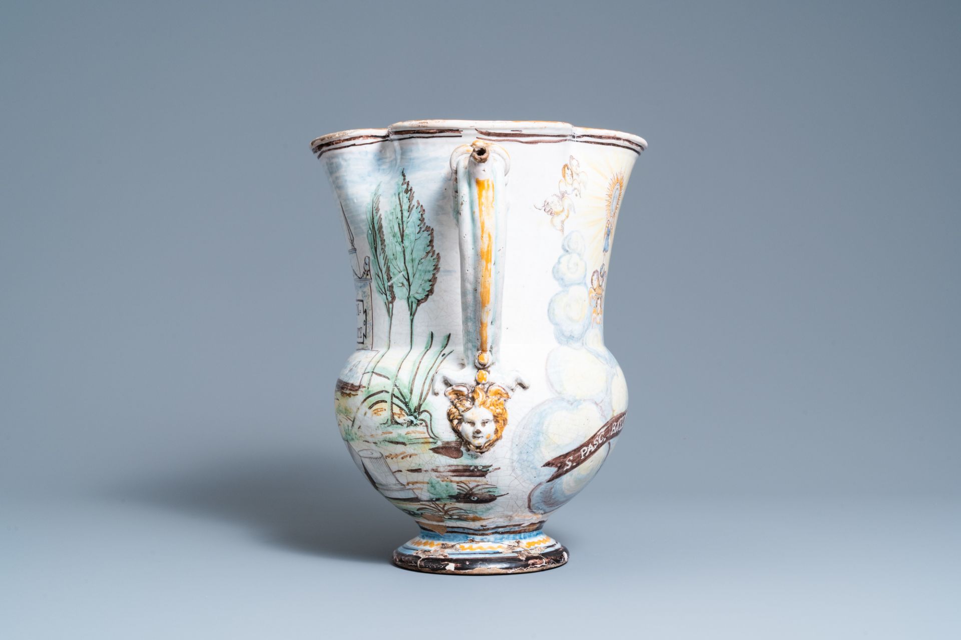 A large polychrome Italian faience quadrilobed pharmacy jug, dated 1840 - Image 3 of 7