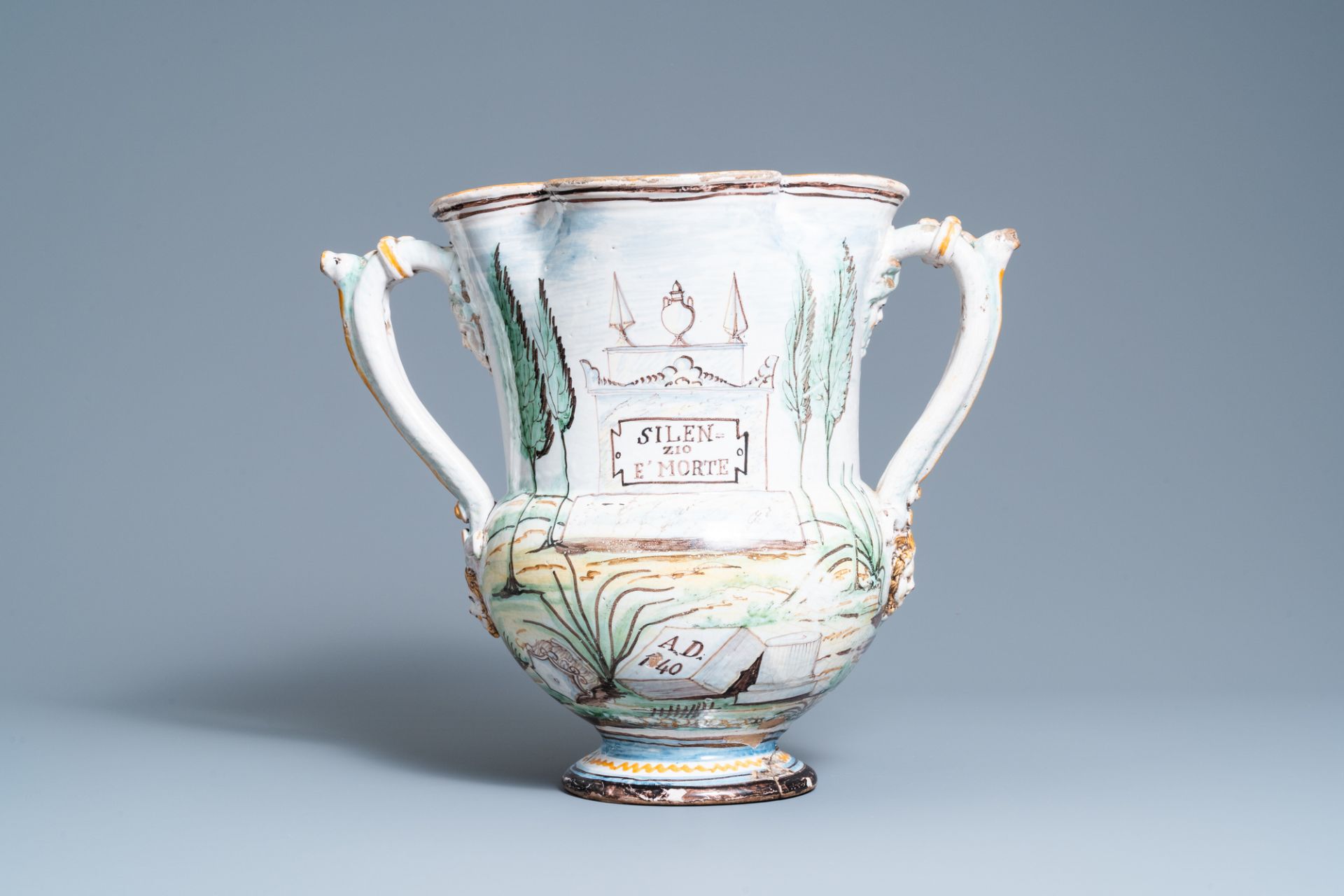 A large polychrome Italian faience quadrilobed pharmacy jug, dated 1840 - Image 4 of 7