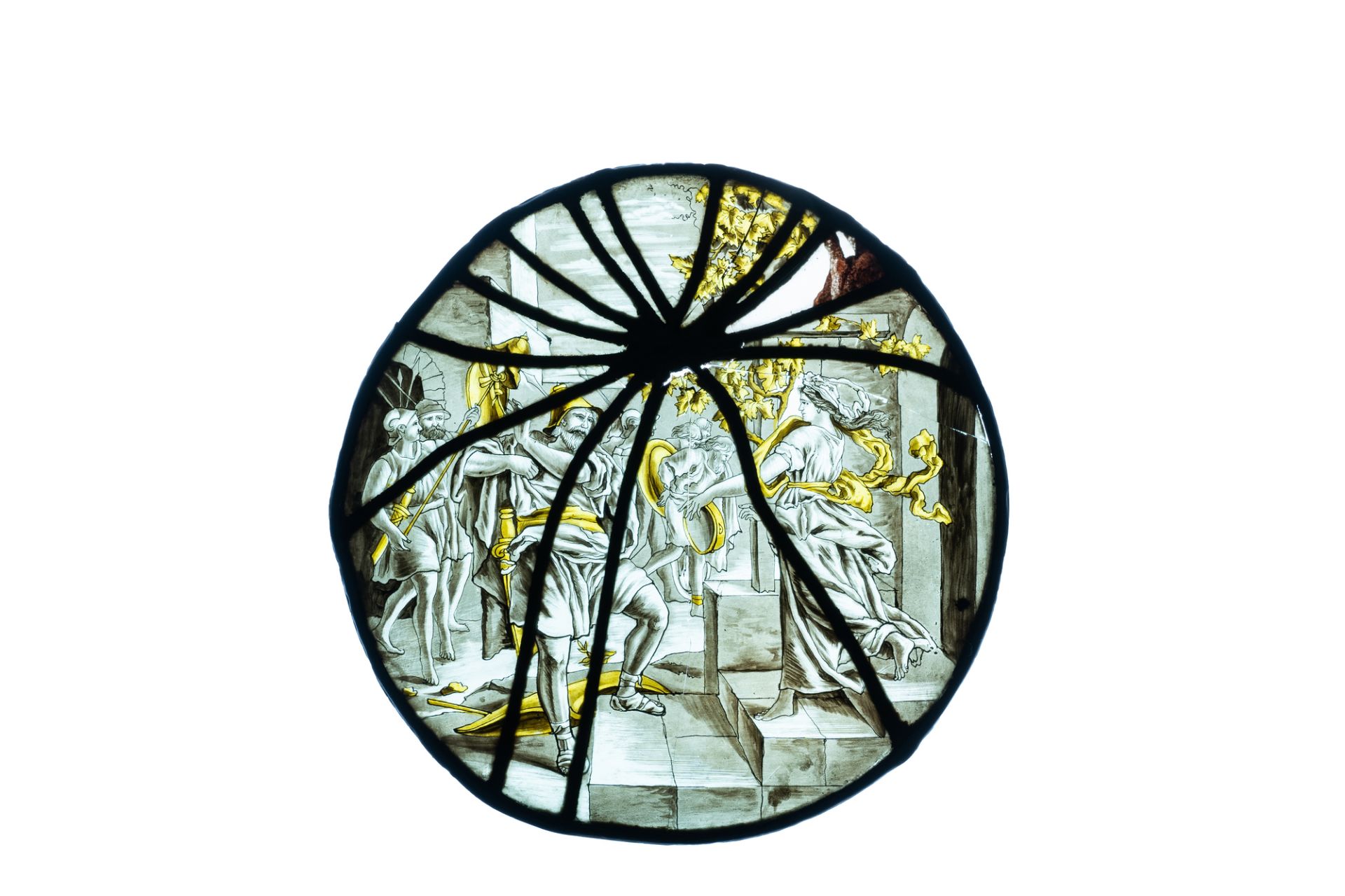 A pair of grisaille and silver yellow painted glass roundels with biblical scenes, France, 17th C. - Image 4 of 5