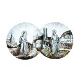Signed Le Pluy, Lille: two grisaille and silver yellow painted glass roundels with Saint Catharine a