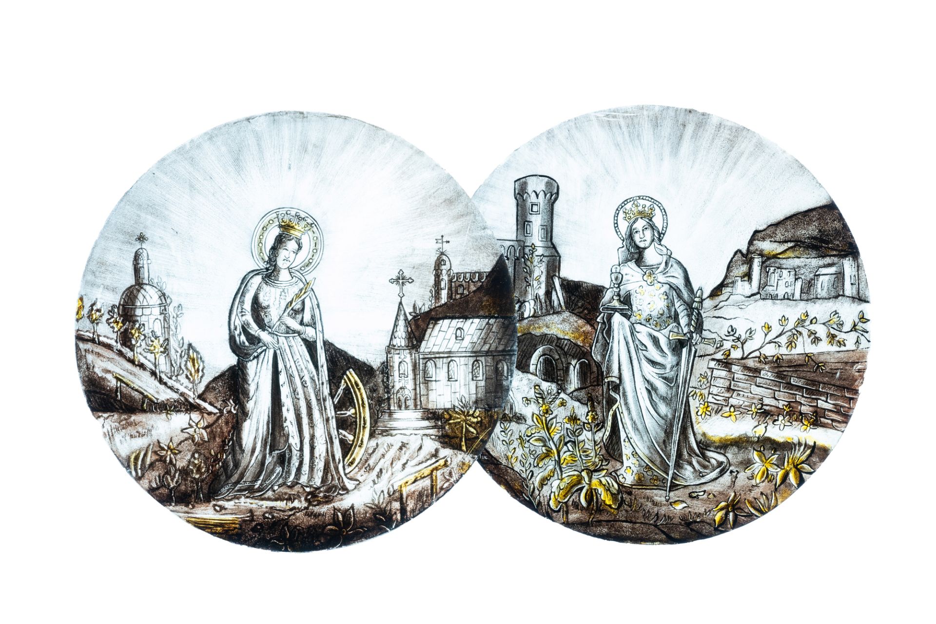 Signed Le Pluy, Lille: two grisaille and silver yellow painted glass roundels with Saint Catharine a