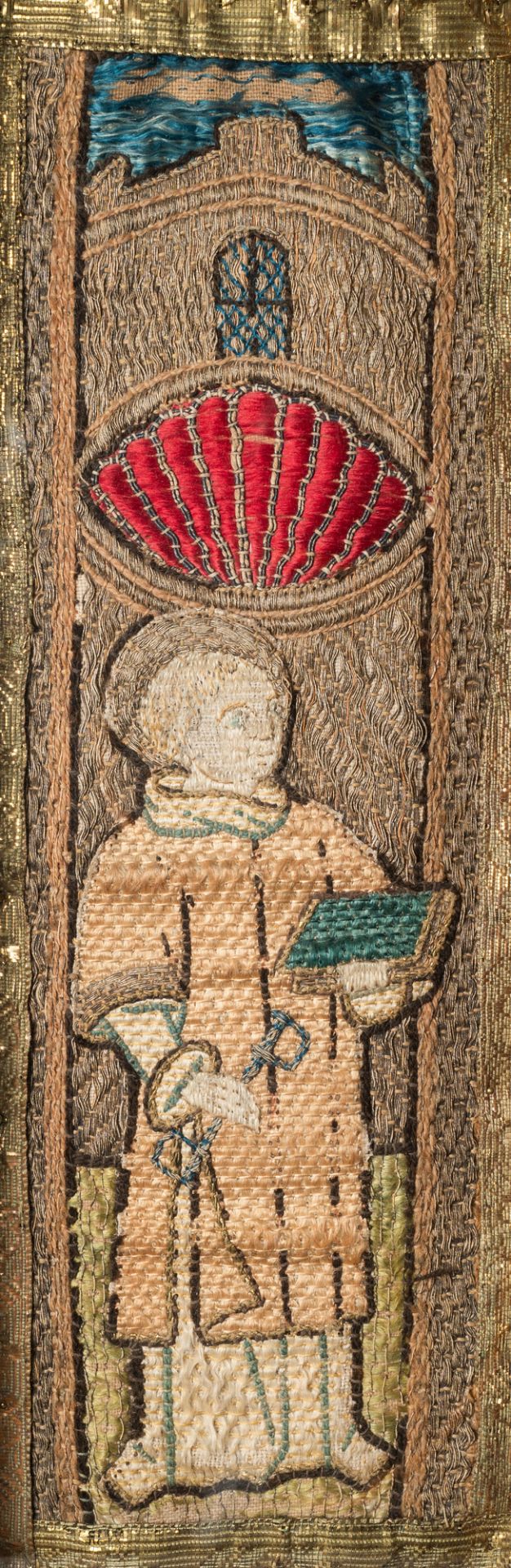 Three linen, silk- and silverthread orphrey fragments depicting Saint Agricola of Bologna, Saint Leo - Image 5 of 7