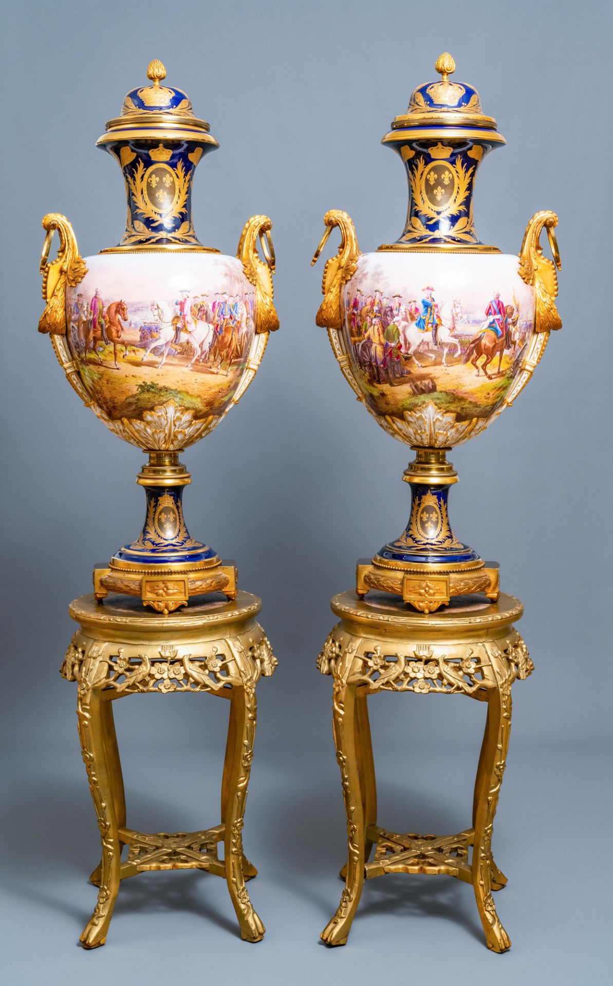 A pair of massive French Svres-style vases with gilded bronze mounts, signed Desprez, 19th C. - Image 16 of 56