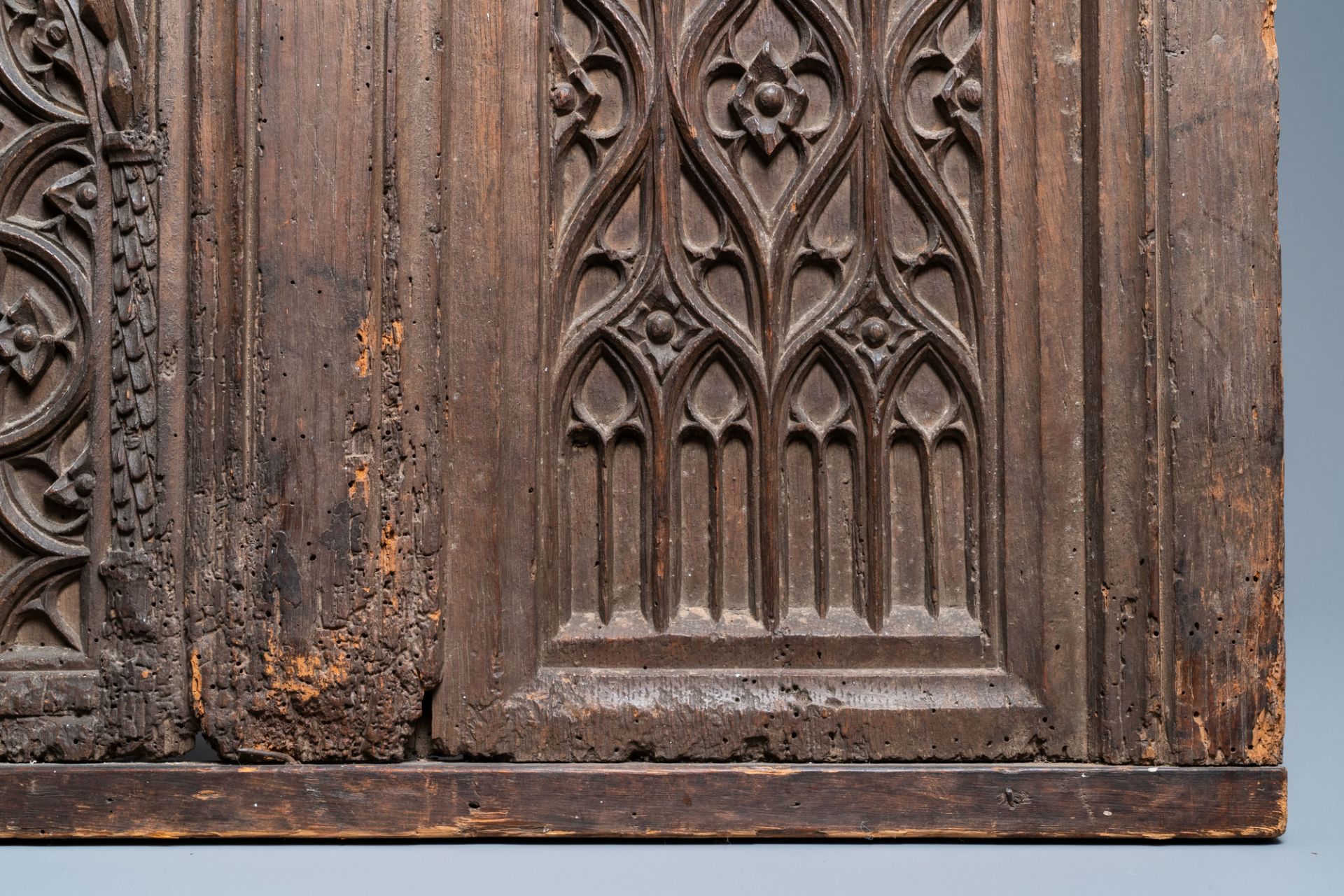 A carved oak front panel of a coffer with tracery panels, 15th C. - Image 7 of 9