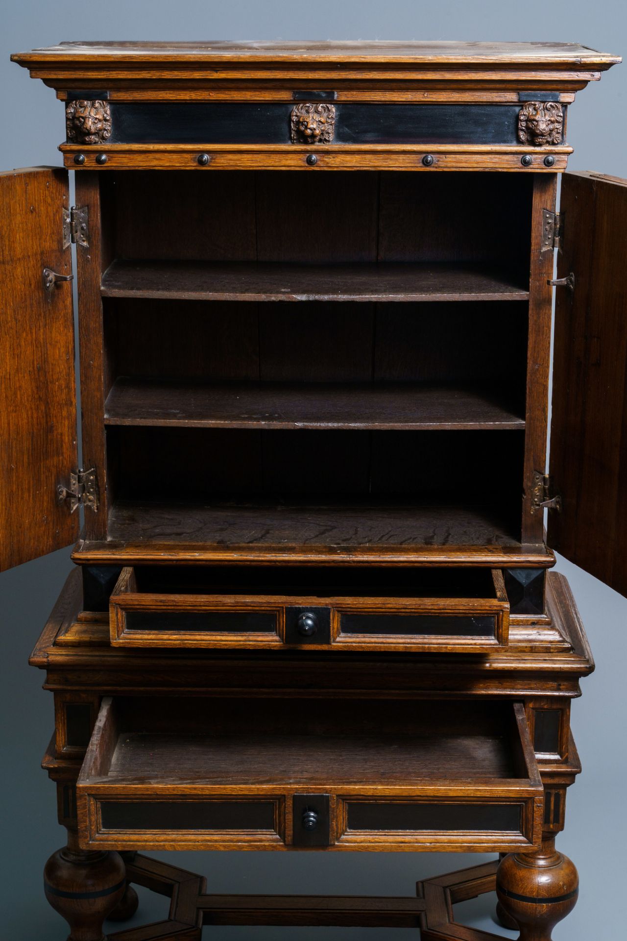 An oak and ebony two-door cabinet, The Low Countries, 17th C. - Image 7 of 8