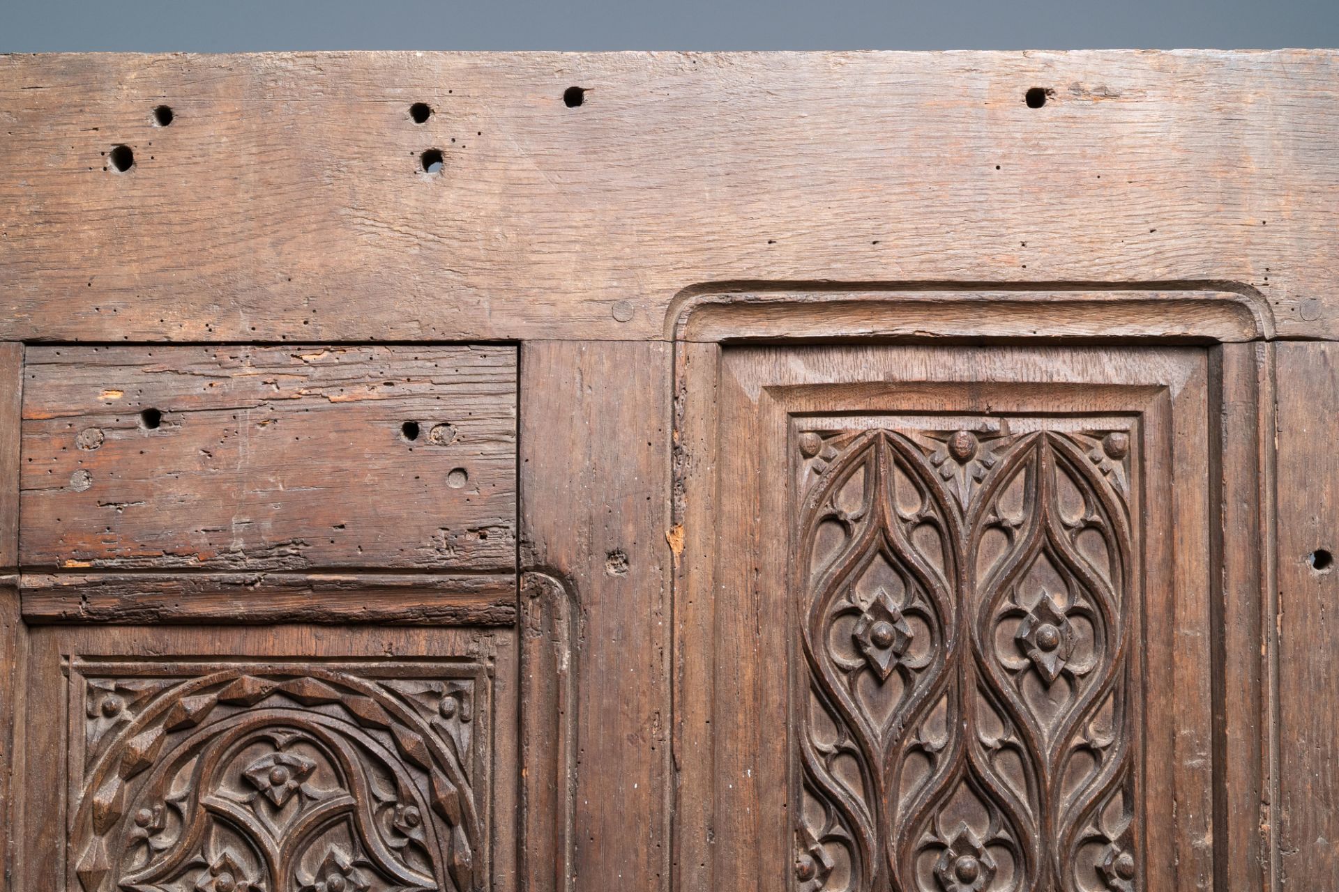 A carved oak front panel of a coffer with tracery panels, 15th C. - Image 4 of 9