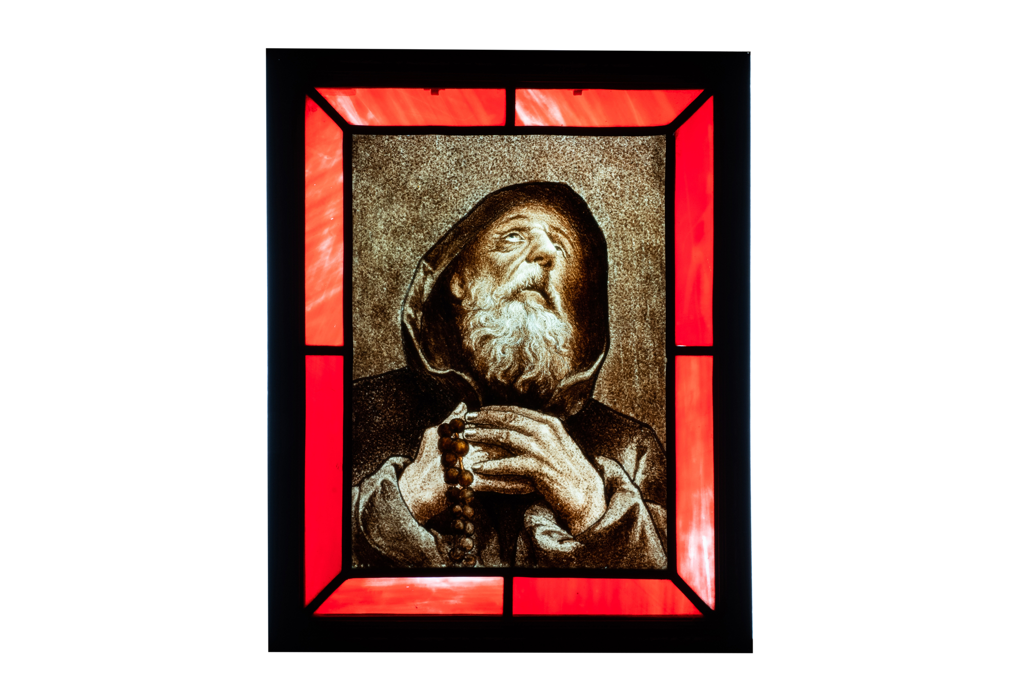 Two composite stained and painted glass windows with a monk and a female bust after Rapha‘l, 19th C. - Image 2 of 5