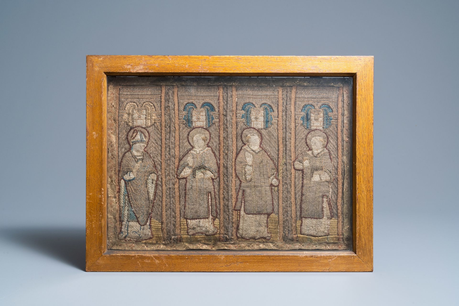 Two large linen, silk- and silverthread orphrey fragments depicting saints below arcatures, Spain, e - Image 3 of 9