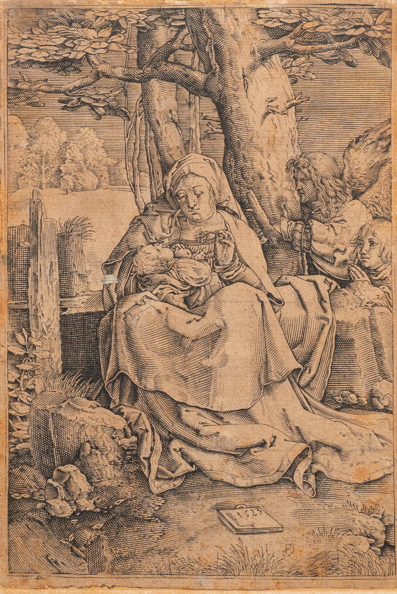 After Lucas van Leyden (1494 - 1533), etching on paper, 16th C.: The Virgin and Child with two angel