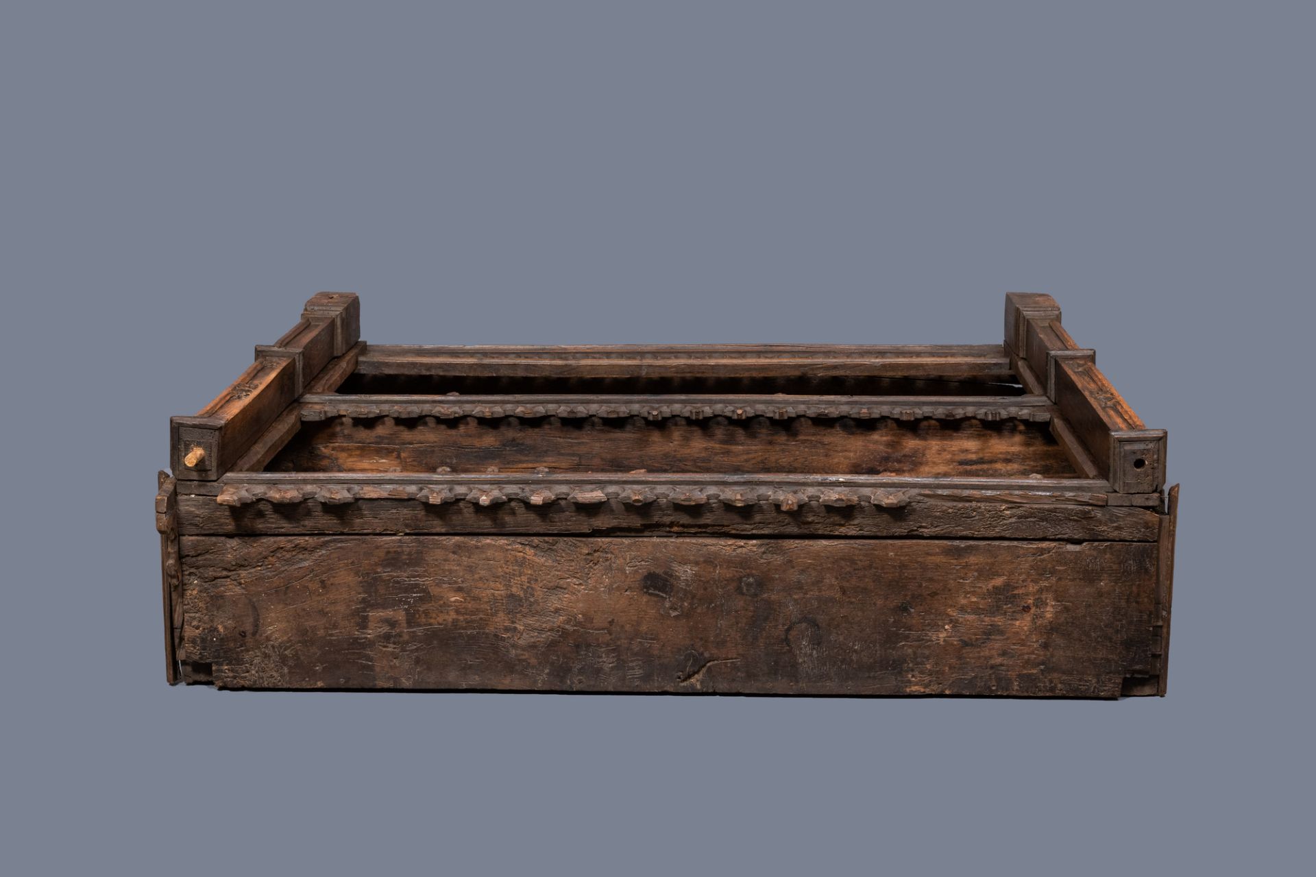 A carved oak shelf with pinnacles and stylised flowers and carved panels, 15th C. and later - Image 7 of 12