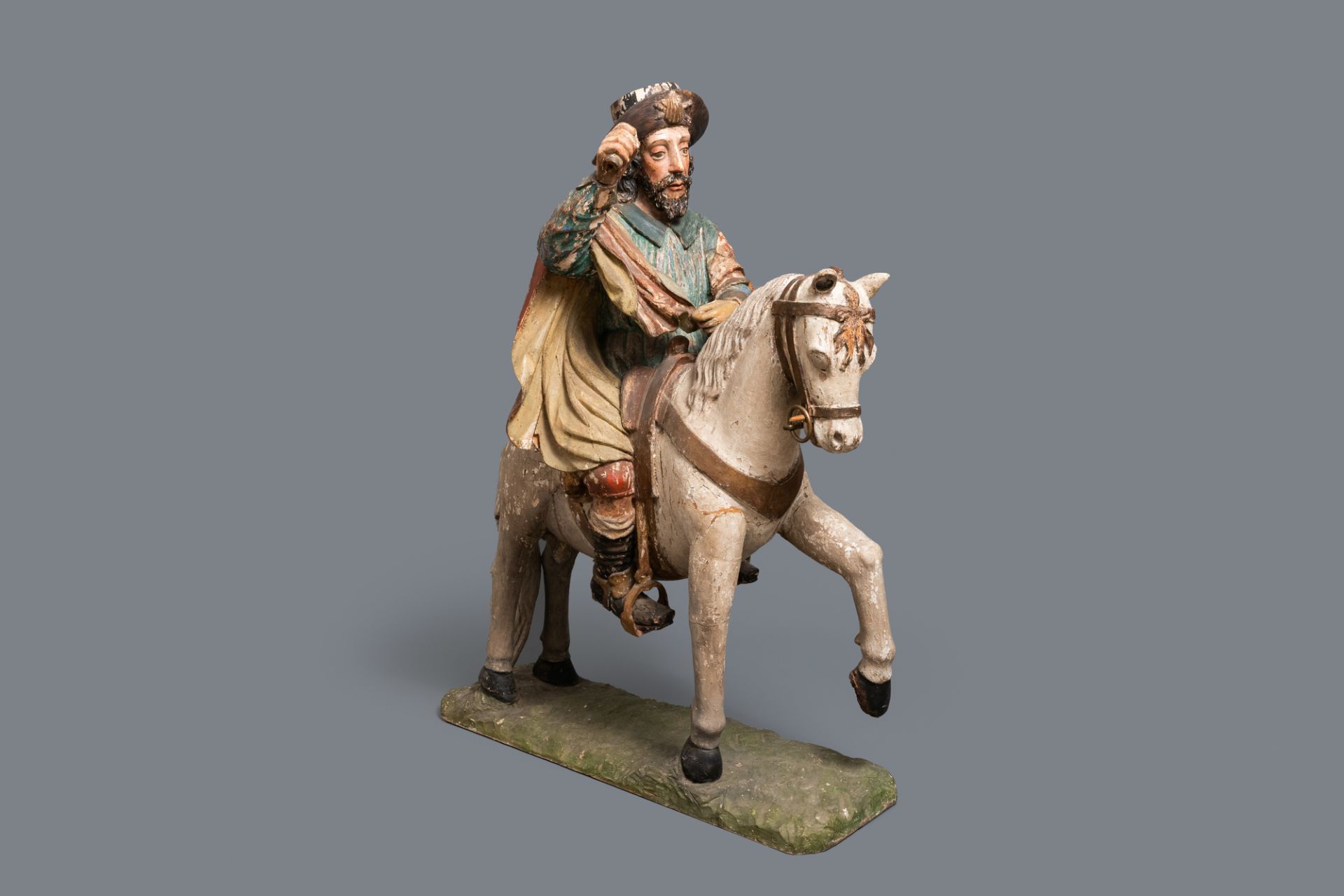 A large polychromed wooden group with Saint James of Compostela on horseback, Spain, 16th C.