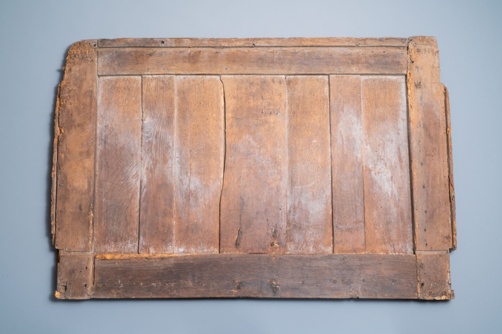 A carved oak front panel of a coffer with tracery panels and geometrical motives, Brittany, France, - Image 4 of 4