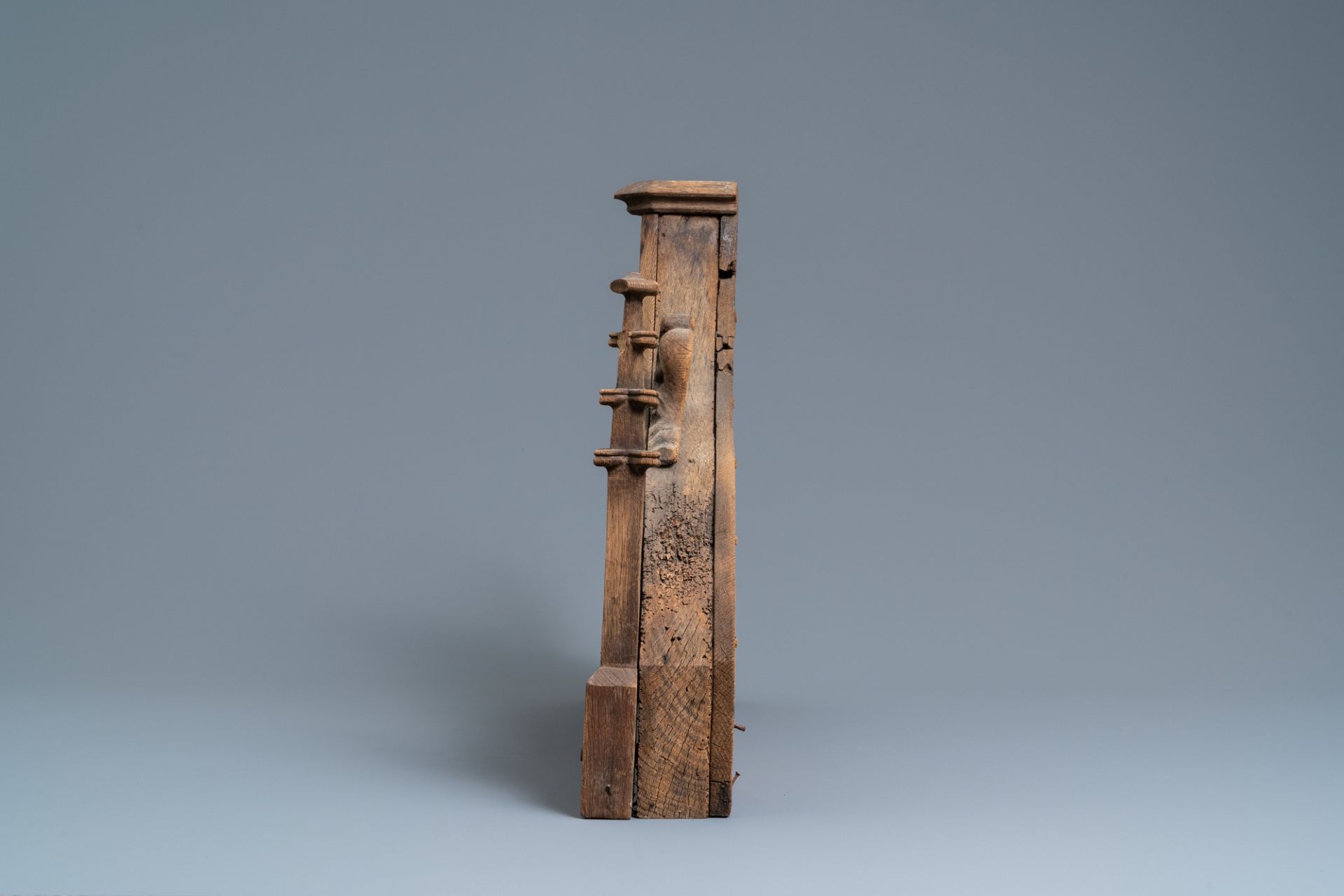 An arch-shaped carved oak baldachin or throne top, France, 15th C. - Image 3 of 6