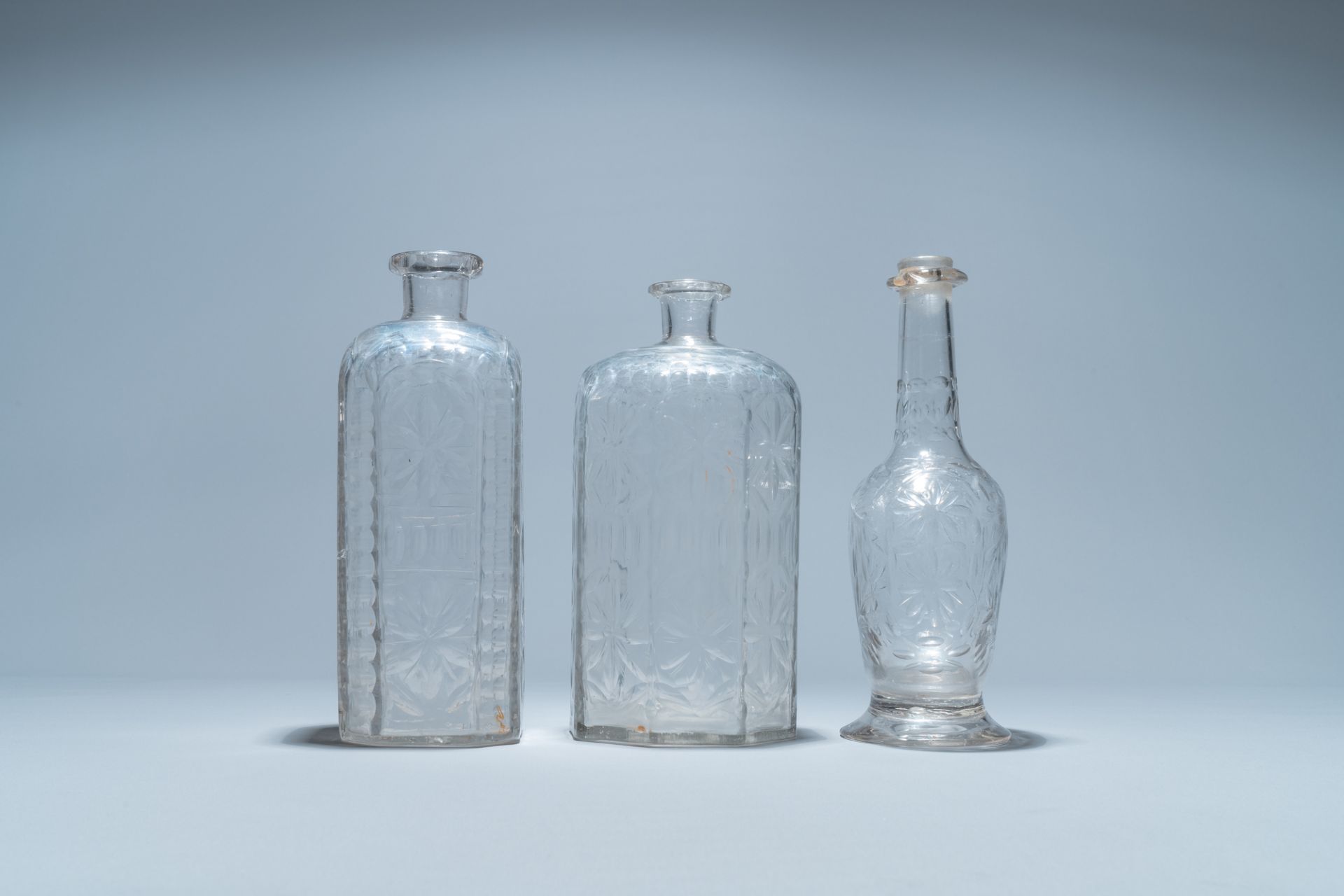 Three weel-cut glass bottles, probably Liege, 18/19th C. - Image 5 of 7