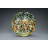 A large Italian maiolica mythological subject 'The Abduction of the Sabine Women' dish, Orazio Fonta