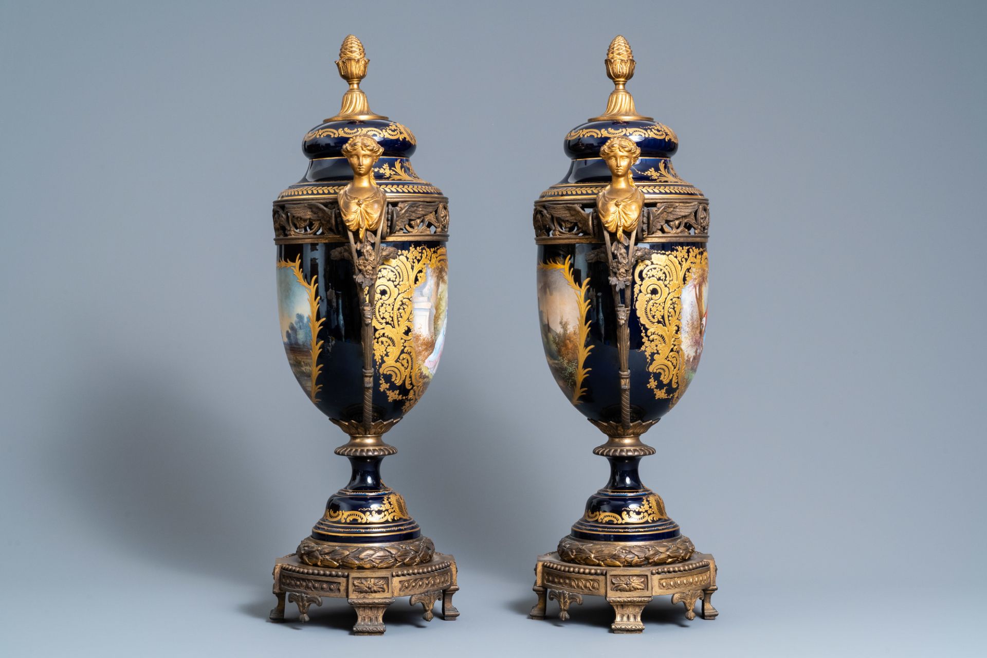 A pair of large French Svres-style vases with gilded bronze mounts, signed Le Berre, 19th C. - Image 2 of 8