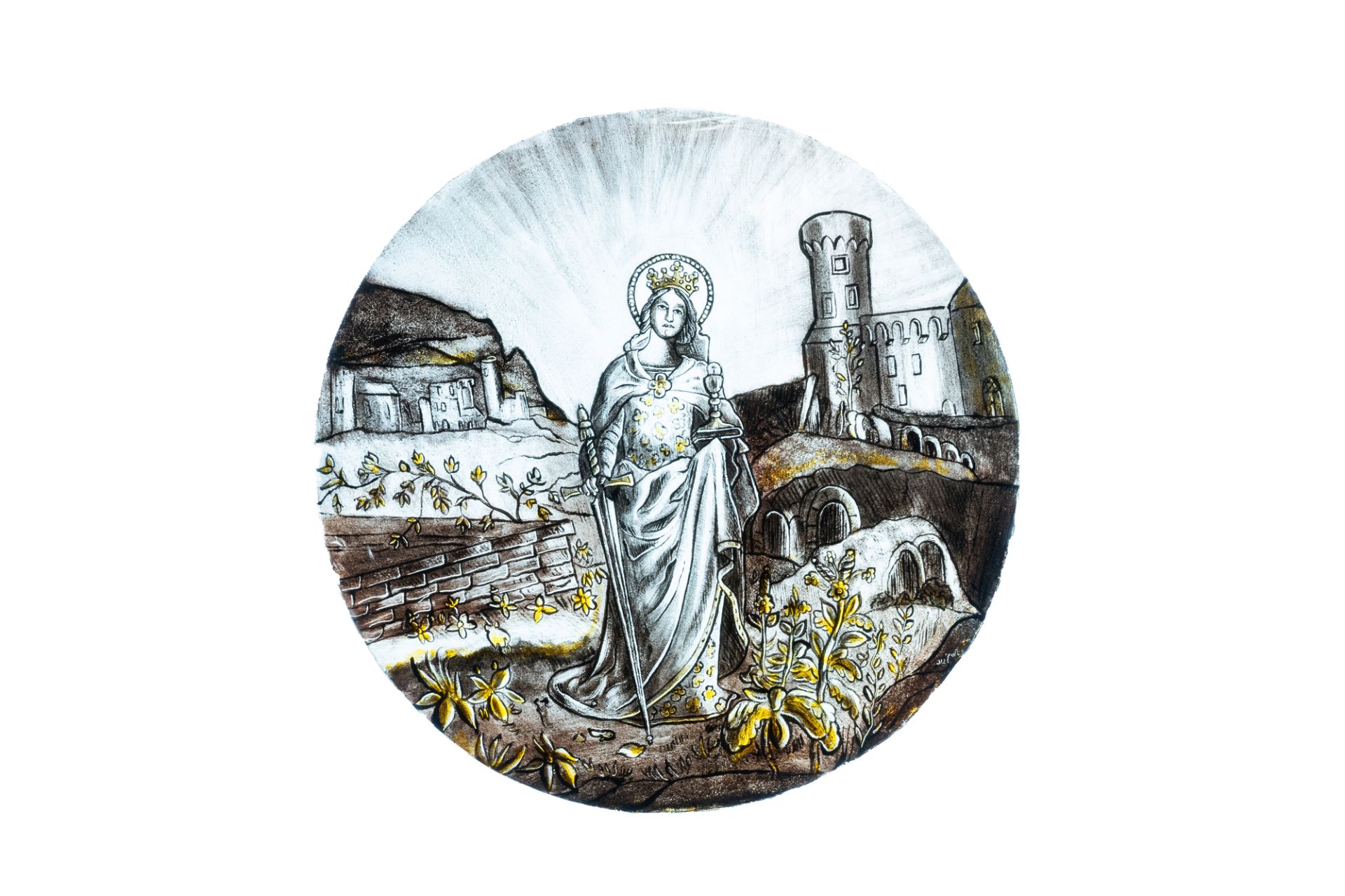 Signed Le Pluy, Lille: two grisaille and silver yellow painted glass roundels with Saint Catharine a - Image 2 of 4