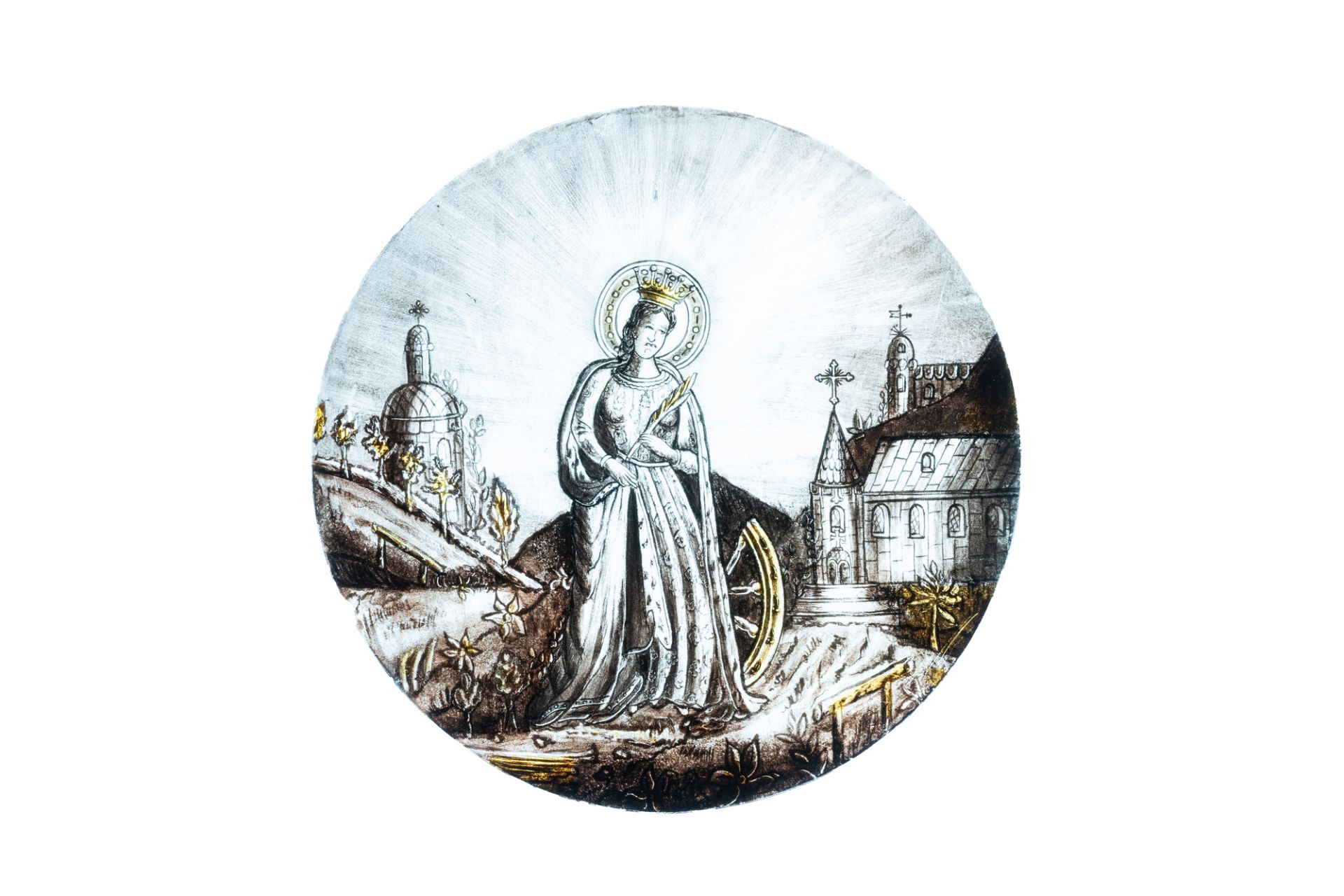 Signed Le Pluy, Lille: two grisaille and silver yellow painted glass roundels with Saint Catharine a - Image 4 of 4