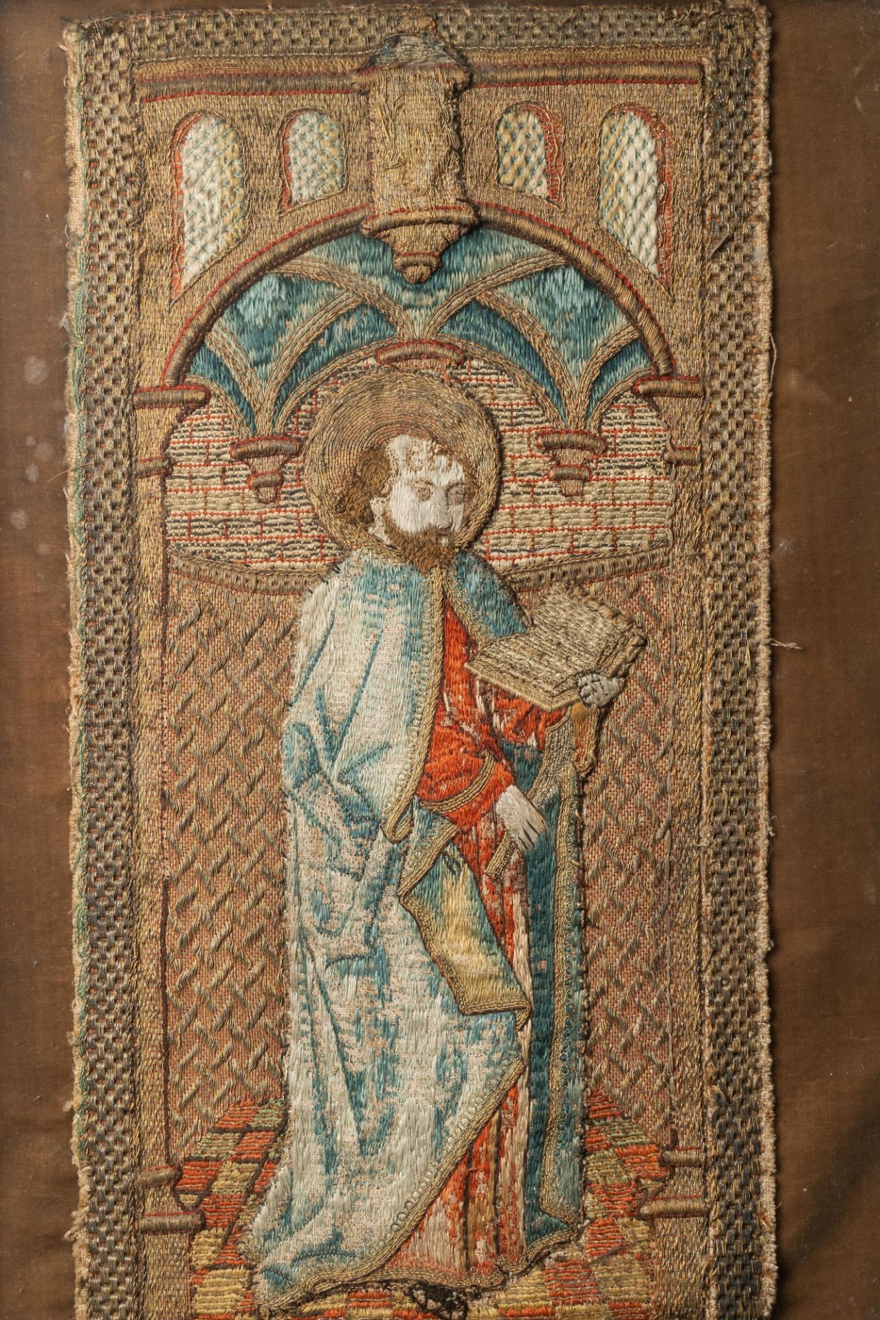 Three linen, silk- and silverthread orphrey fragments depicting Saint Agricola of Bologna, Saint Leo - Image 3 of 7