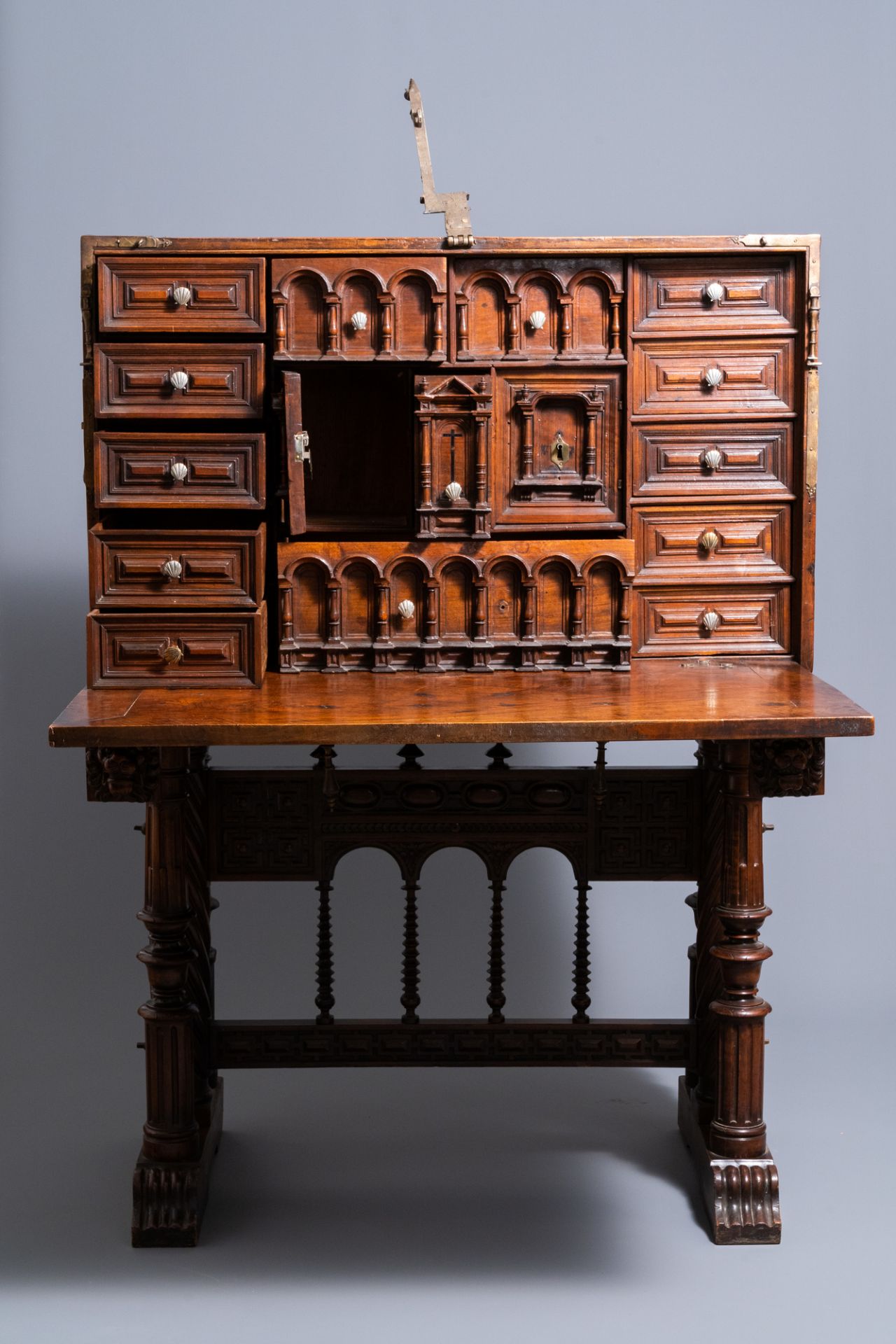 A Spanish bronze-mounted oak 'bargue–o' or cabinet on stand, 16th C. - Image 5 of 16
