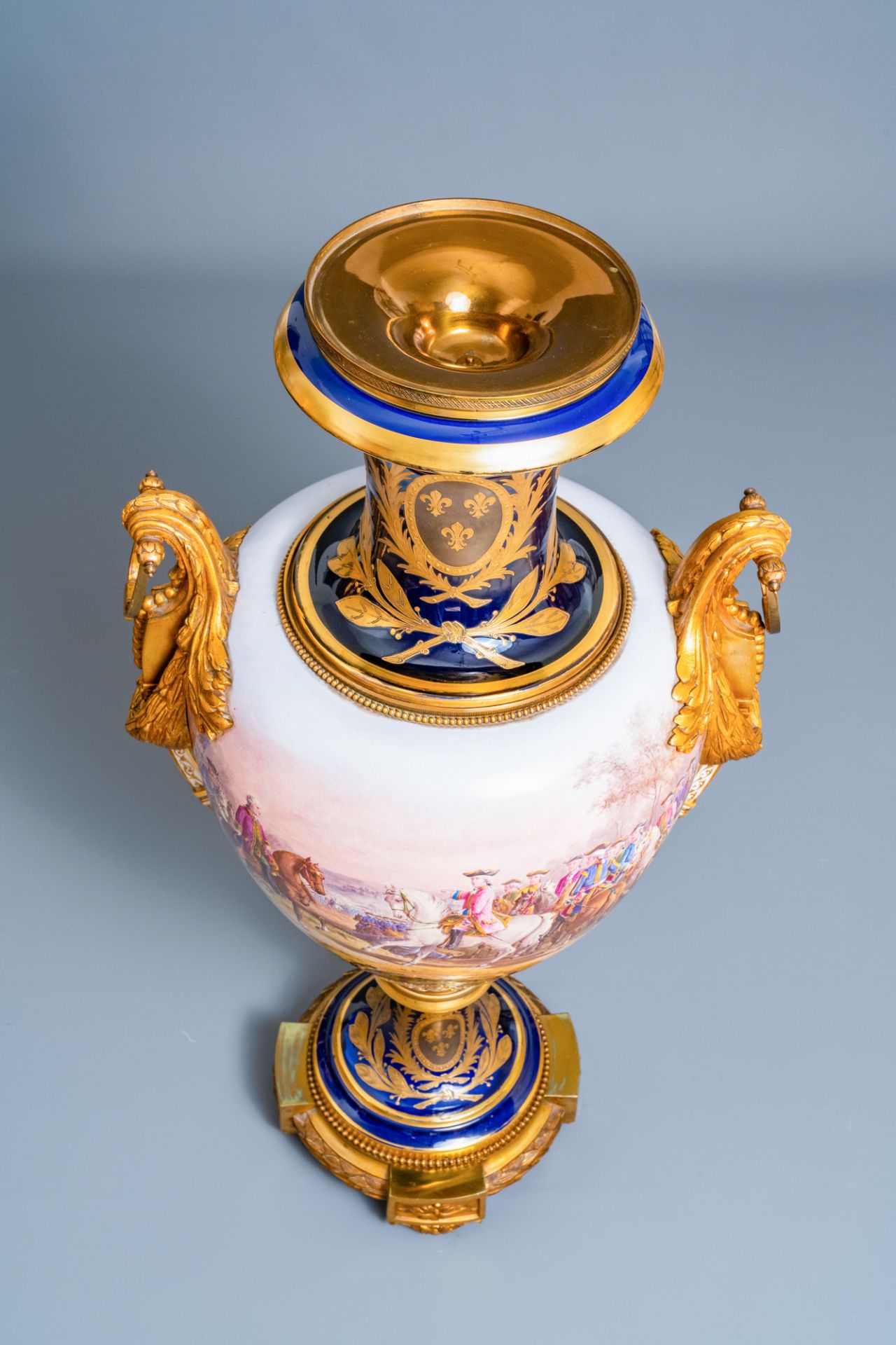 A pair of massive French Svres-style vases with gilded bronze mounts, signed Desprez, 19th C. - Image 11 of 56