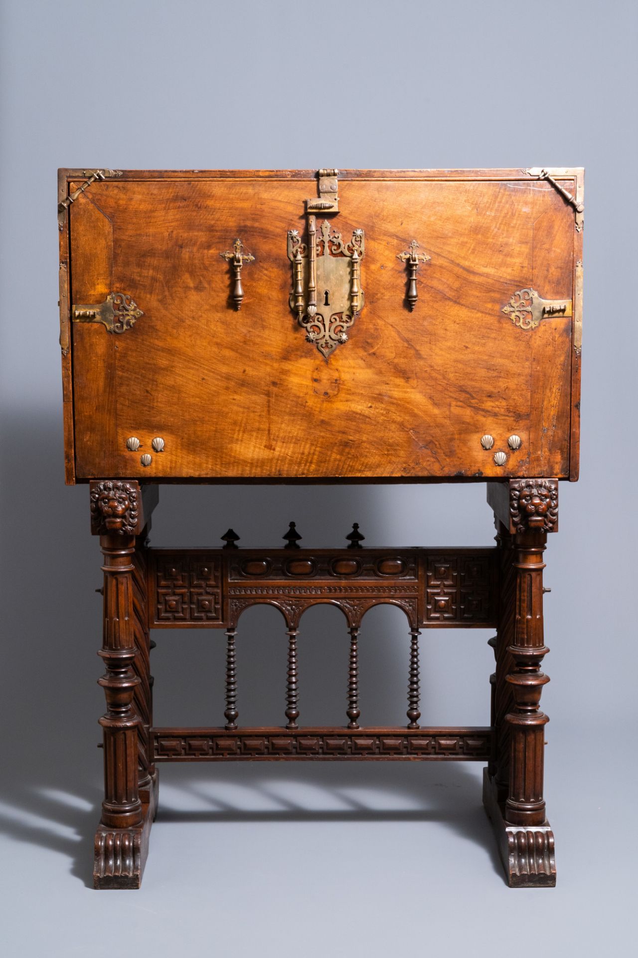 A Spanish bronze-mounted oak 'bargue–o' or cabinet on stand, 16th C. - Image 2 of 16