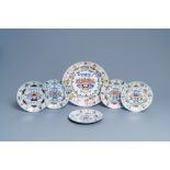 Five polychrome Dutch Delft plates and a dish with flower baskets, 18th C.