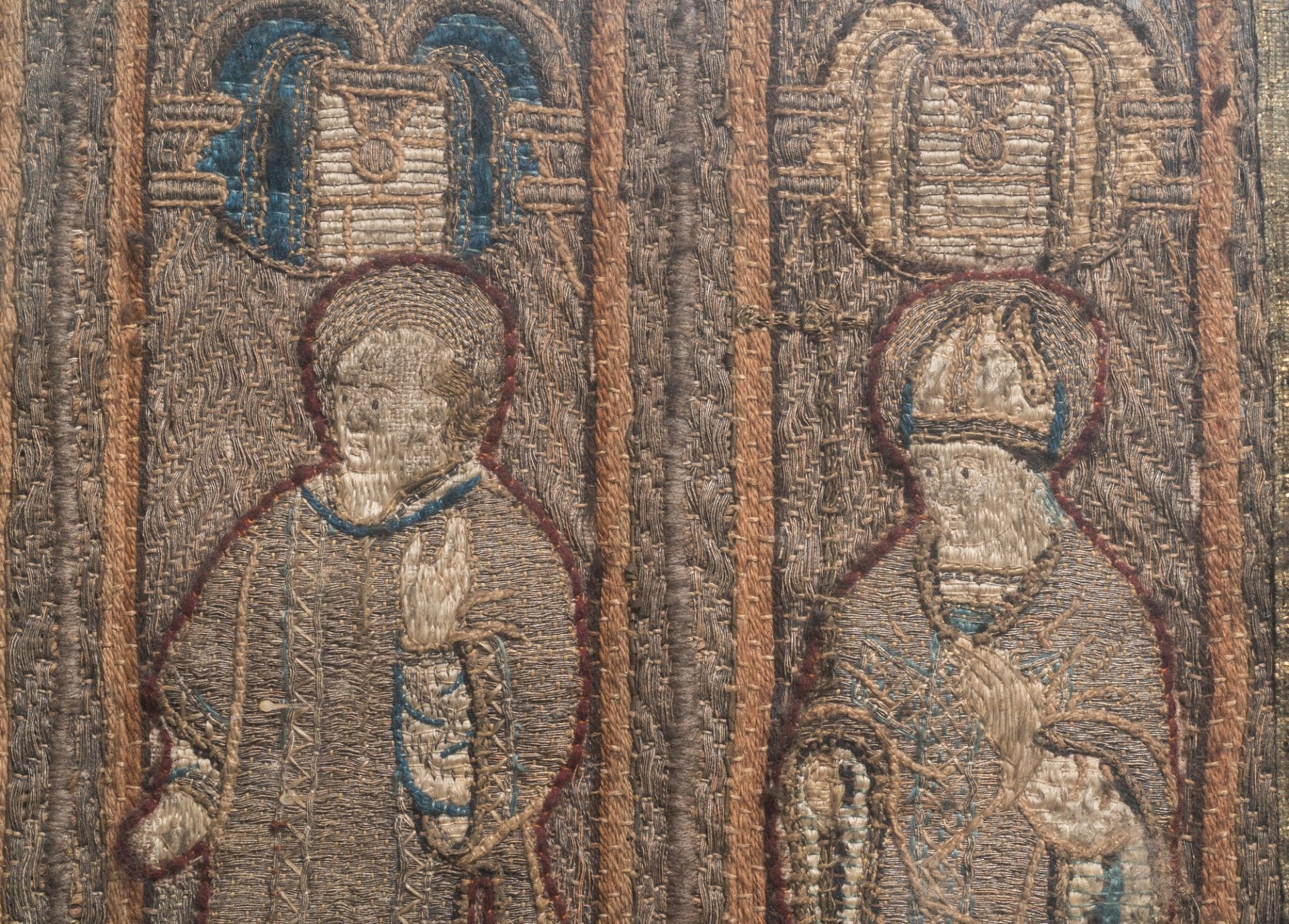 Two large linen, silk- and silverthread orphrey fragments depicting saints below arcatures, Spain, e - Image 9 of 9