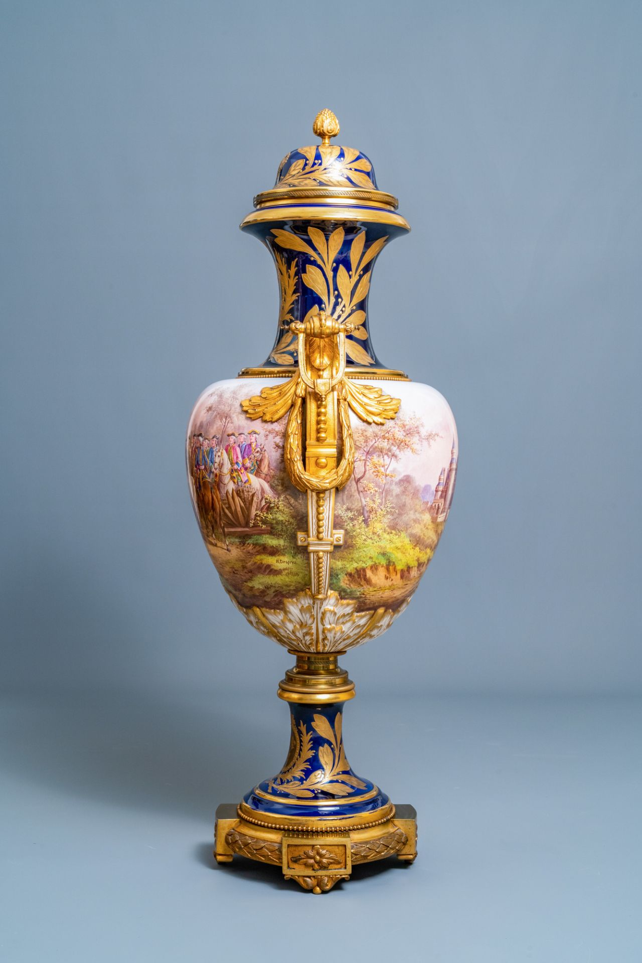 A pair of massive French Svres-style vases with gilded bronze mounts, signed Desprez, 19th C. - Image 10 of 56
