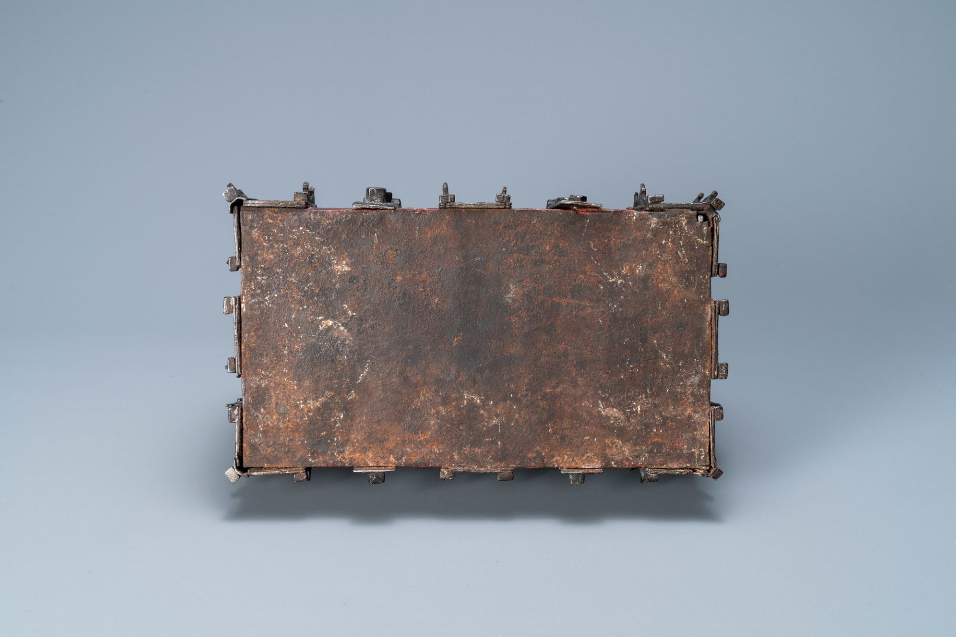 A partly red painted cast iron casket, France, 15th C. - Image 7 of 12